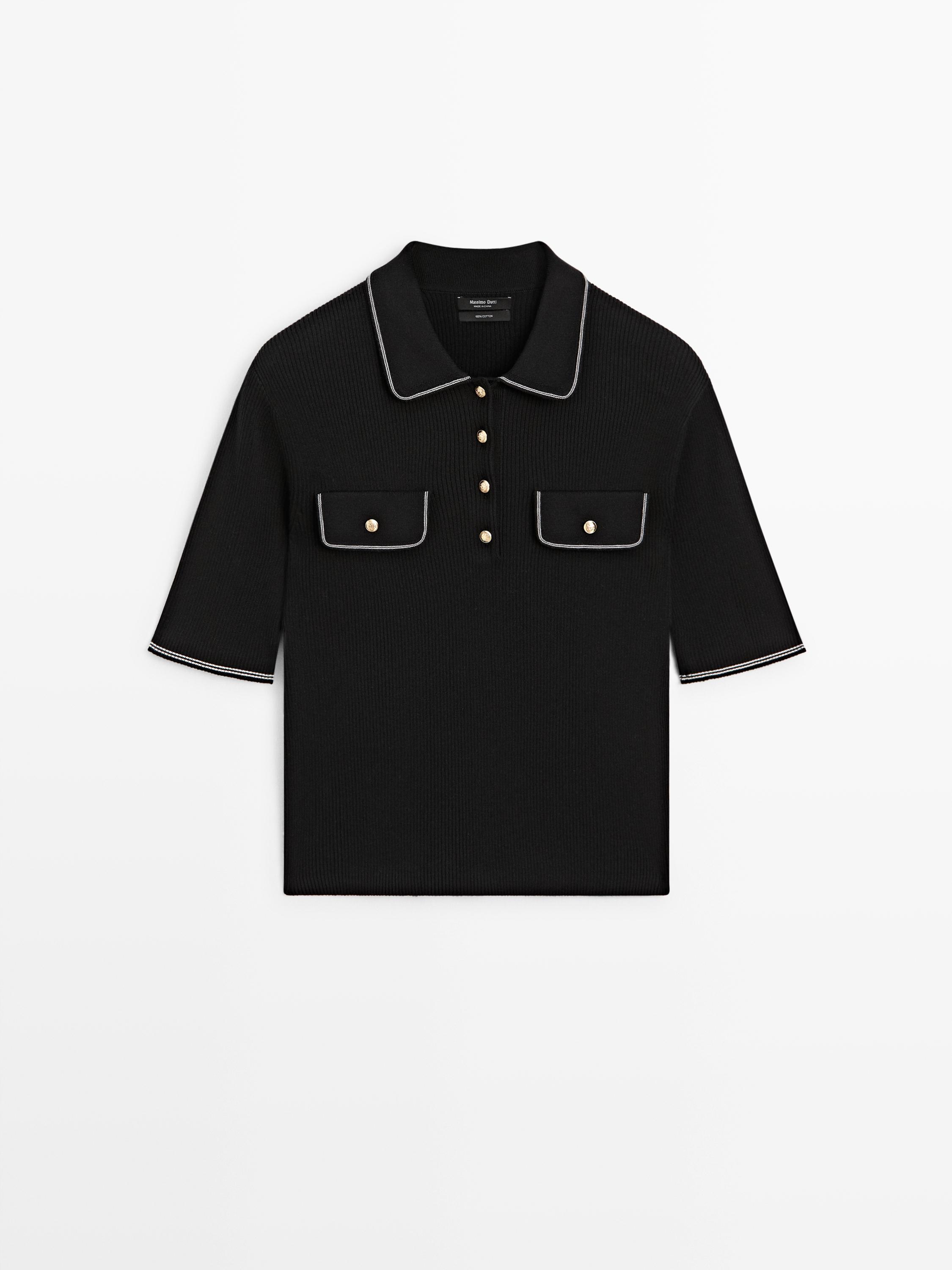 Pamuklu kontrast detaylı triko polo yaka t-shirt