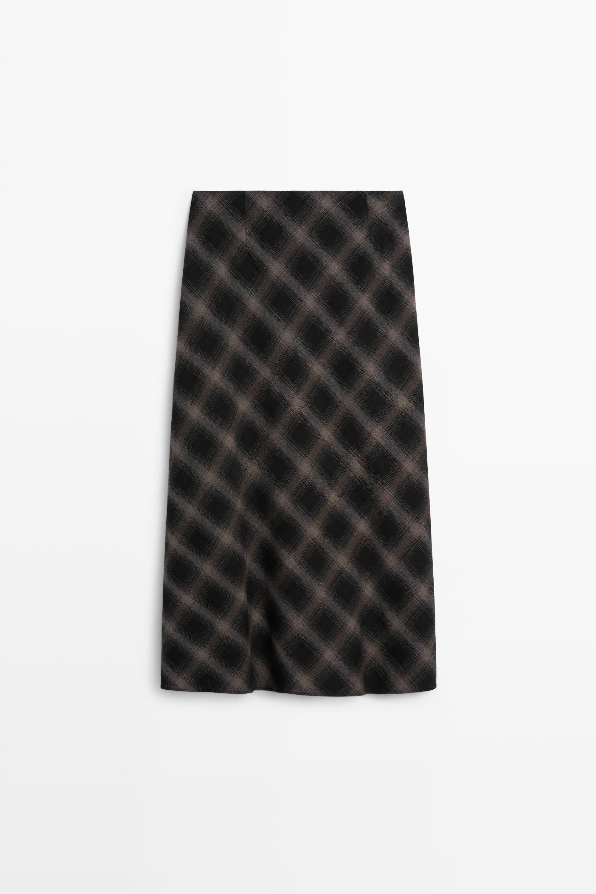Wool-cotton blend check midi skirt with split — BLACK