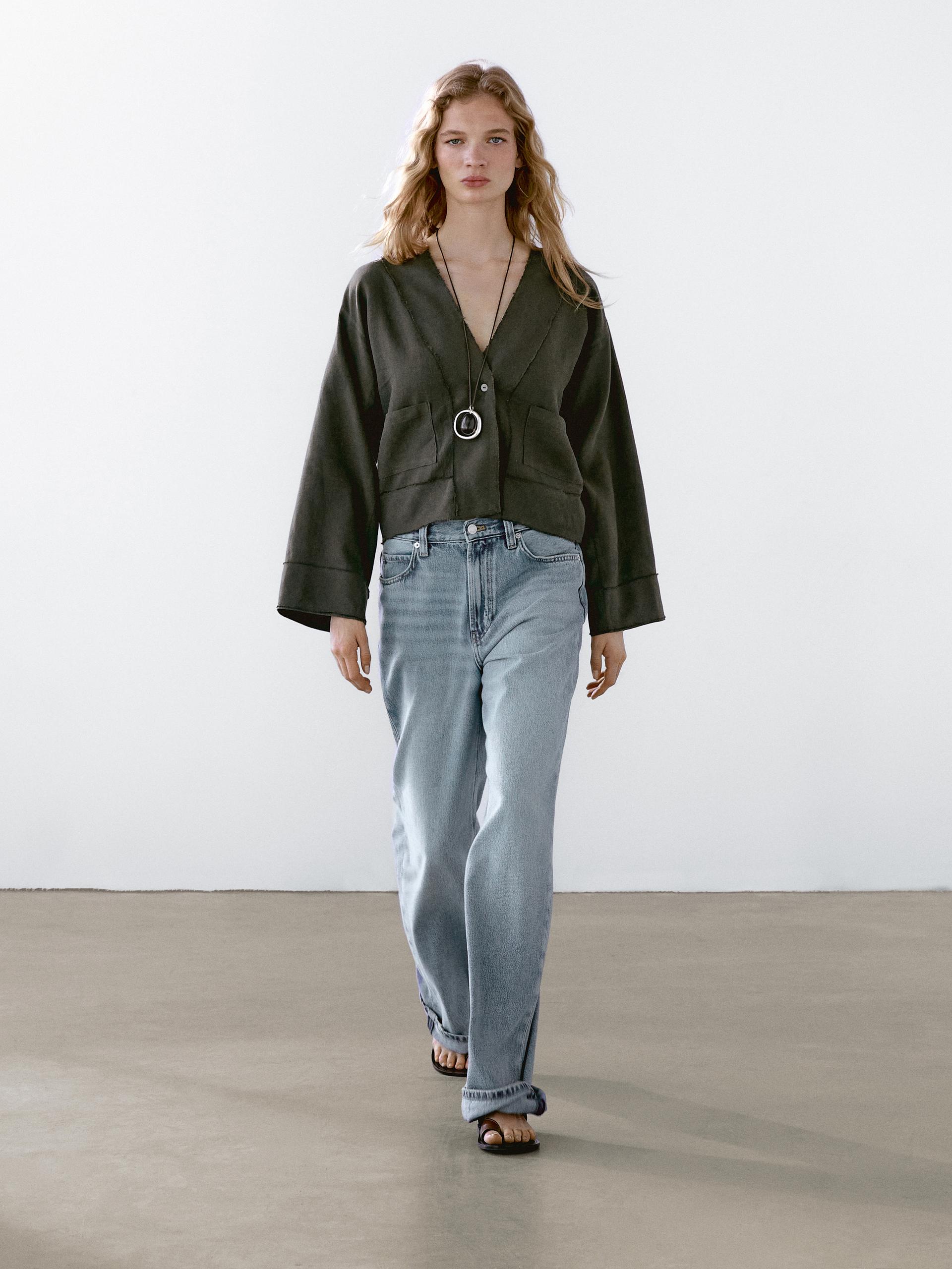 Kimono Fluide Avec Poches En Lin - Vert Foncé - S - Massimo Dutti - Femme