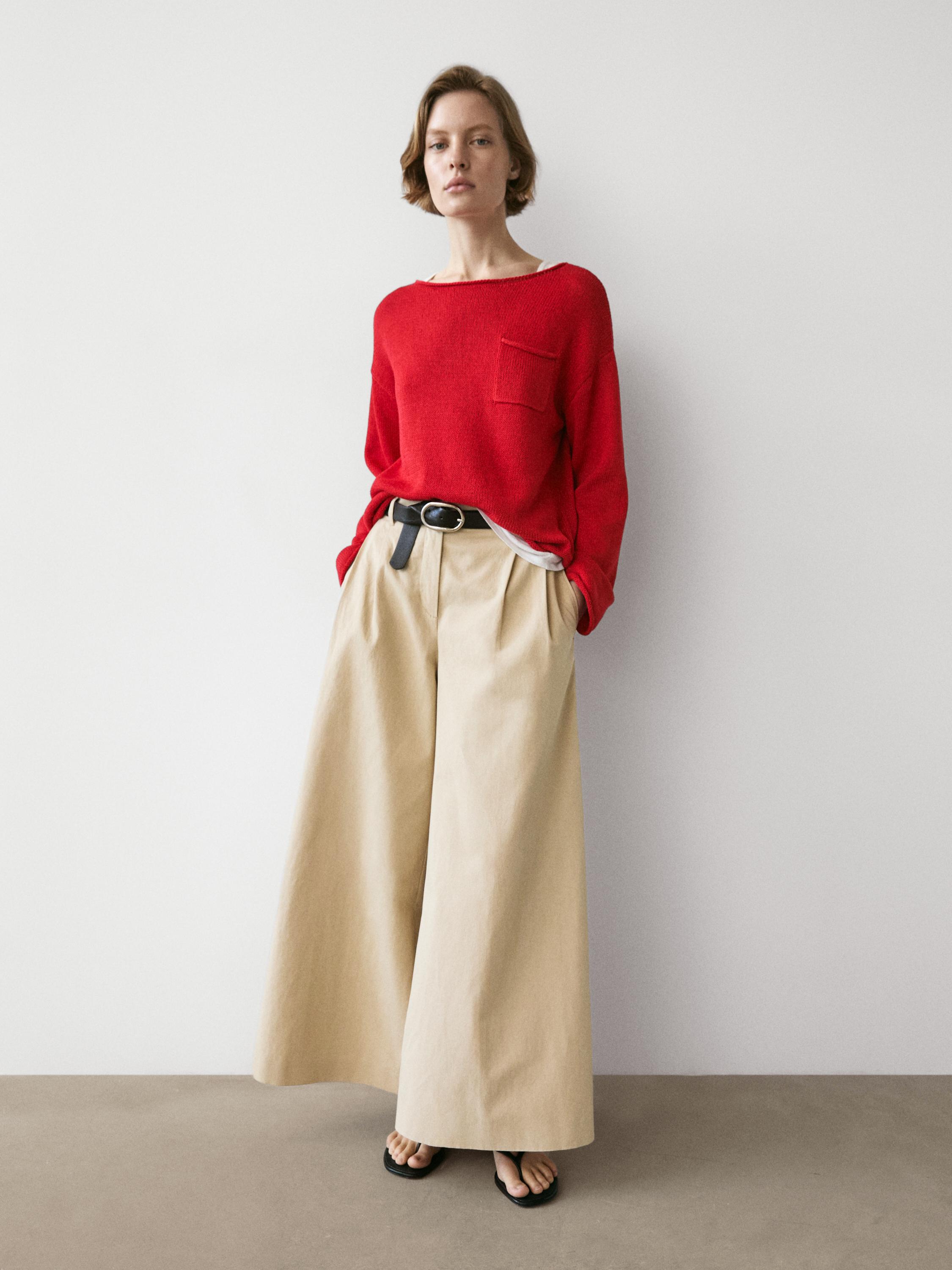 Cotton and linen knit sweater with pocket detail — RED