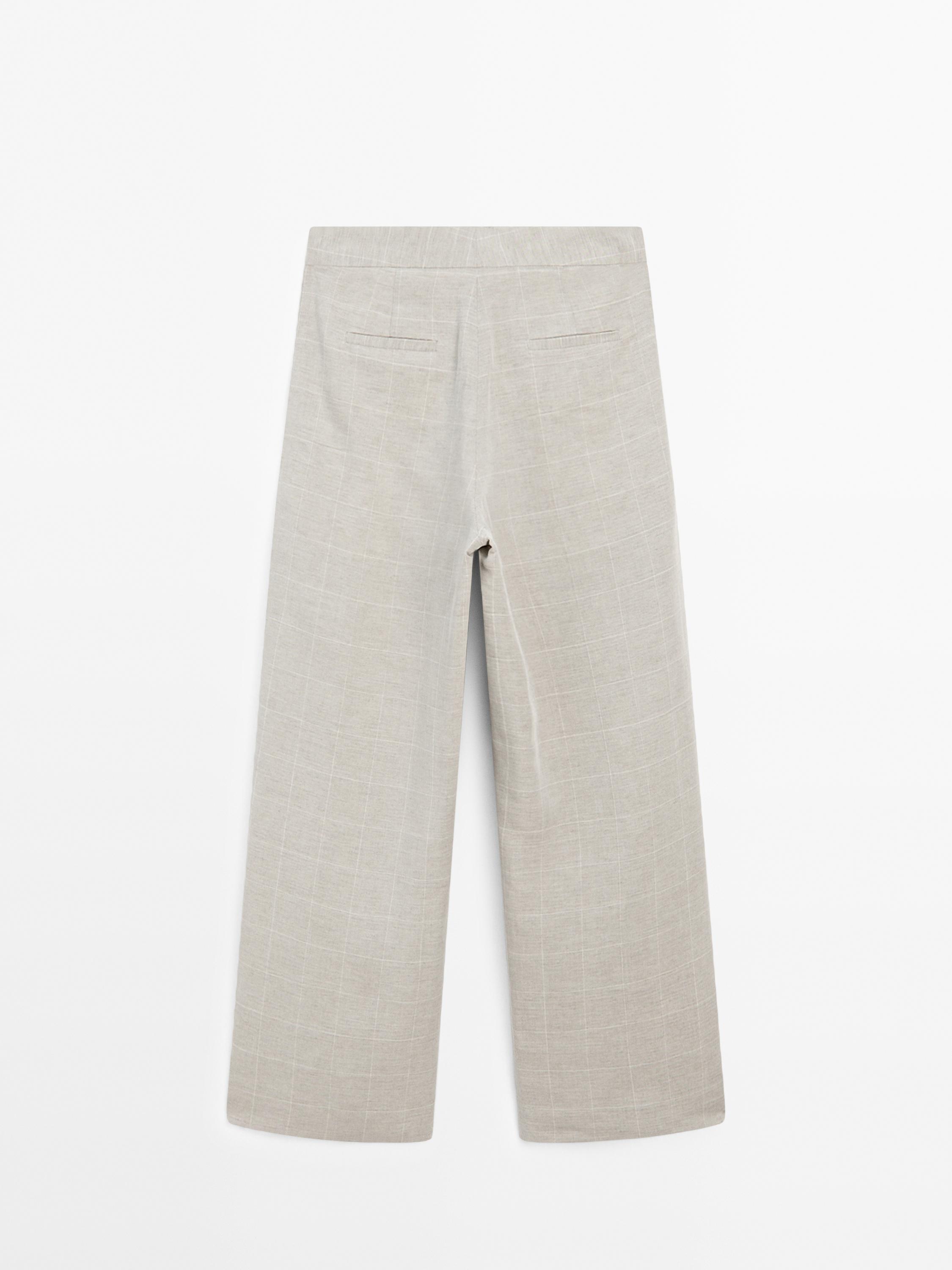 Pantaloni con stampa a quadri misto lino