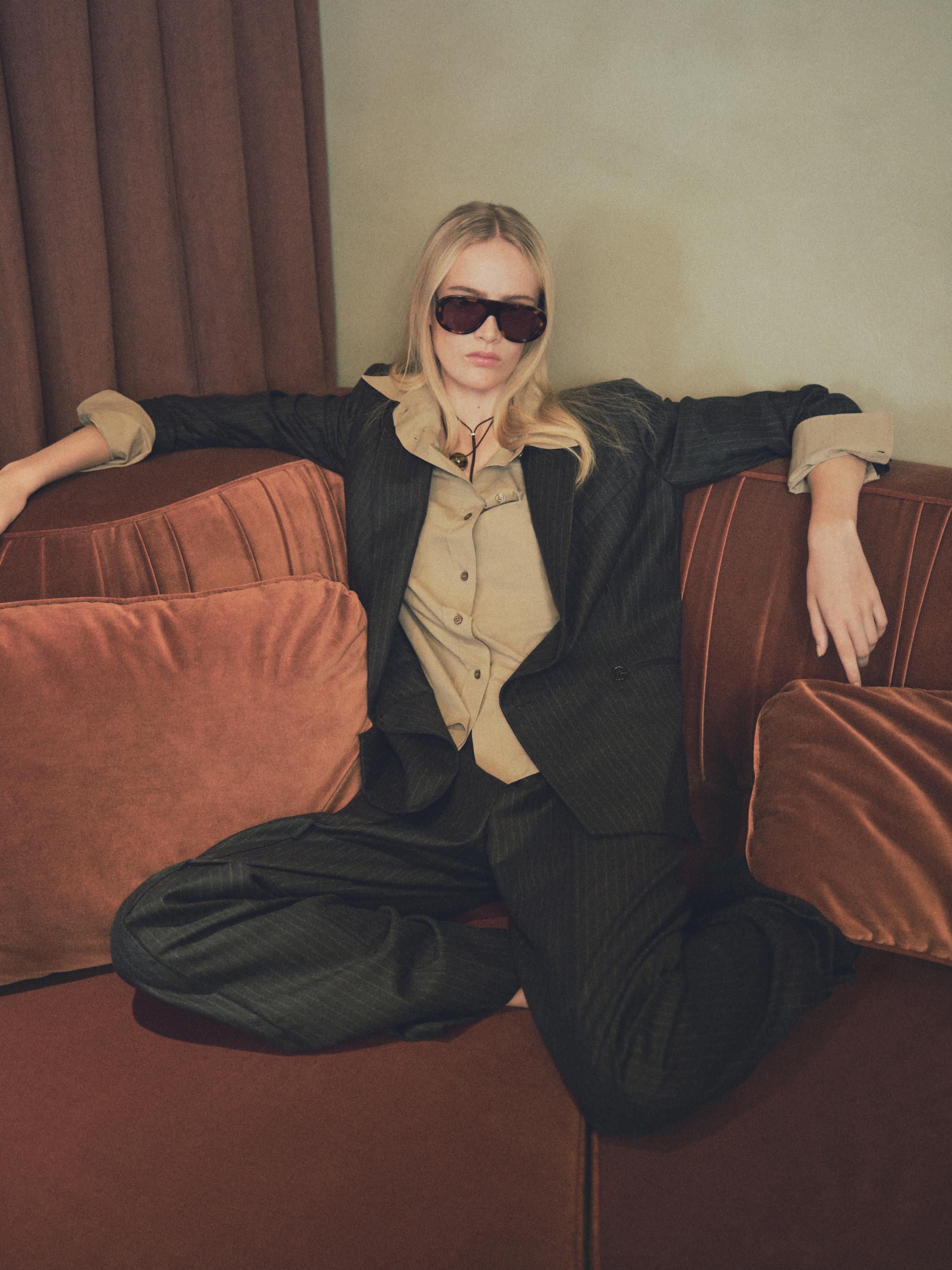 Darted pinstripe trousers
