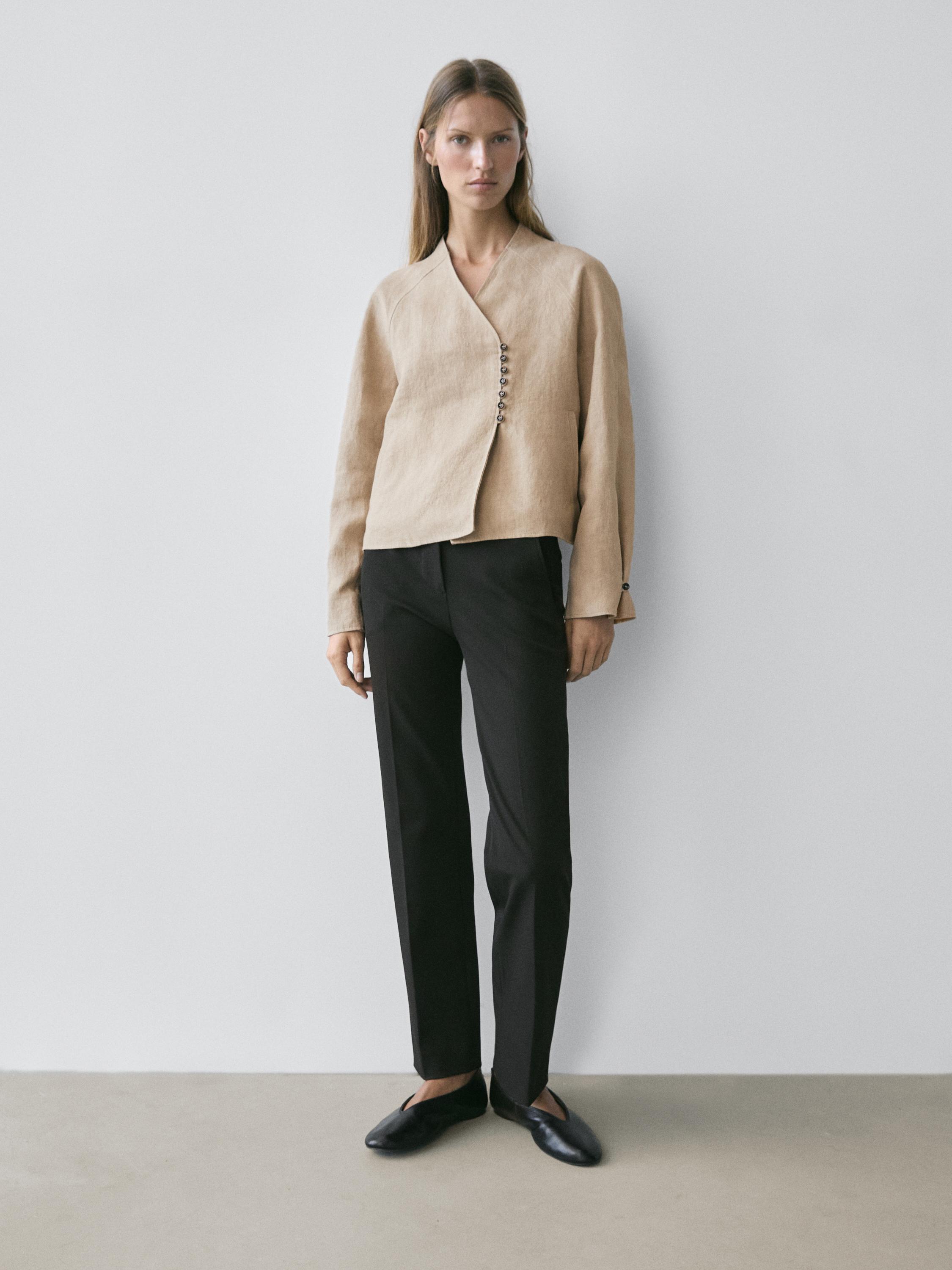 Cropped 100% linen jacket — BEIGE
