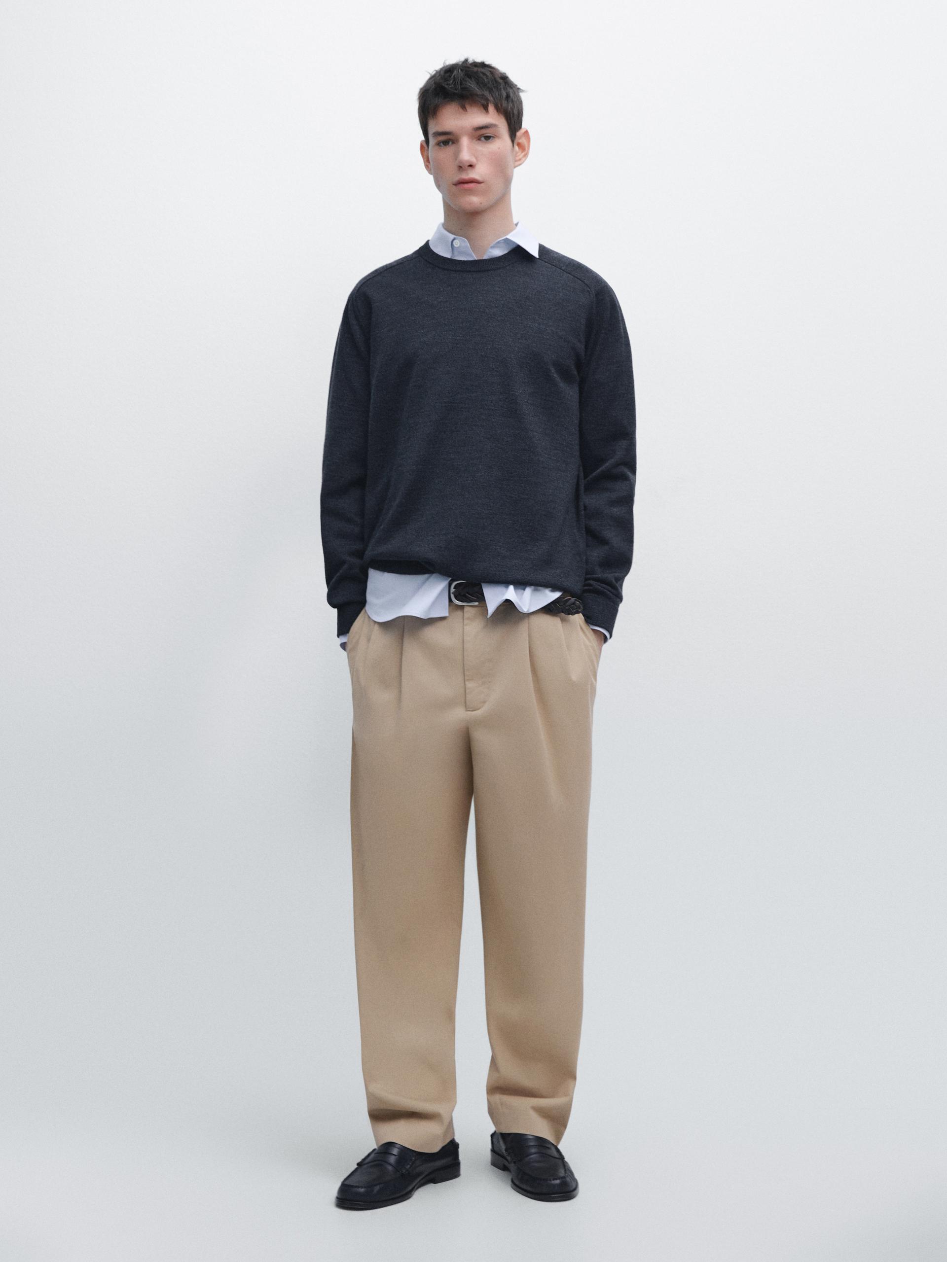 Pullover In Maglia Con Collo Rotondo 100% Lana Merino - Blu Marino Oscuro - L - Massimo Dutti - Maschile