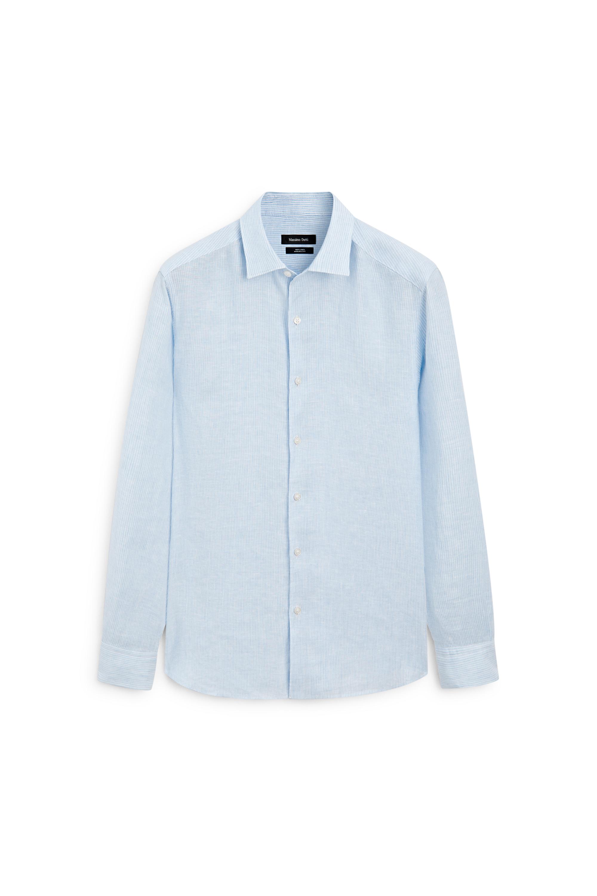 Regular fit striped melange linen shirt — SKY BLUE