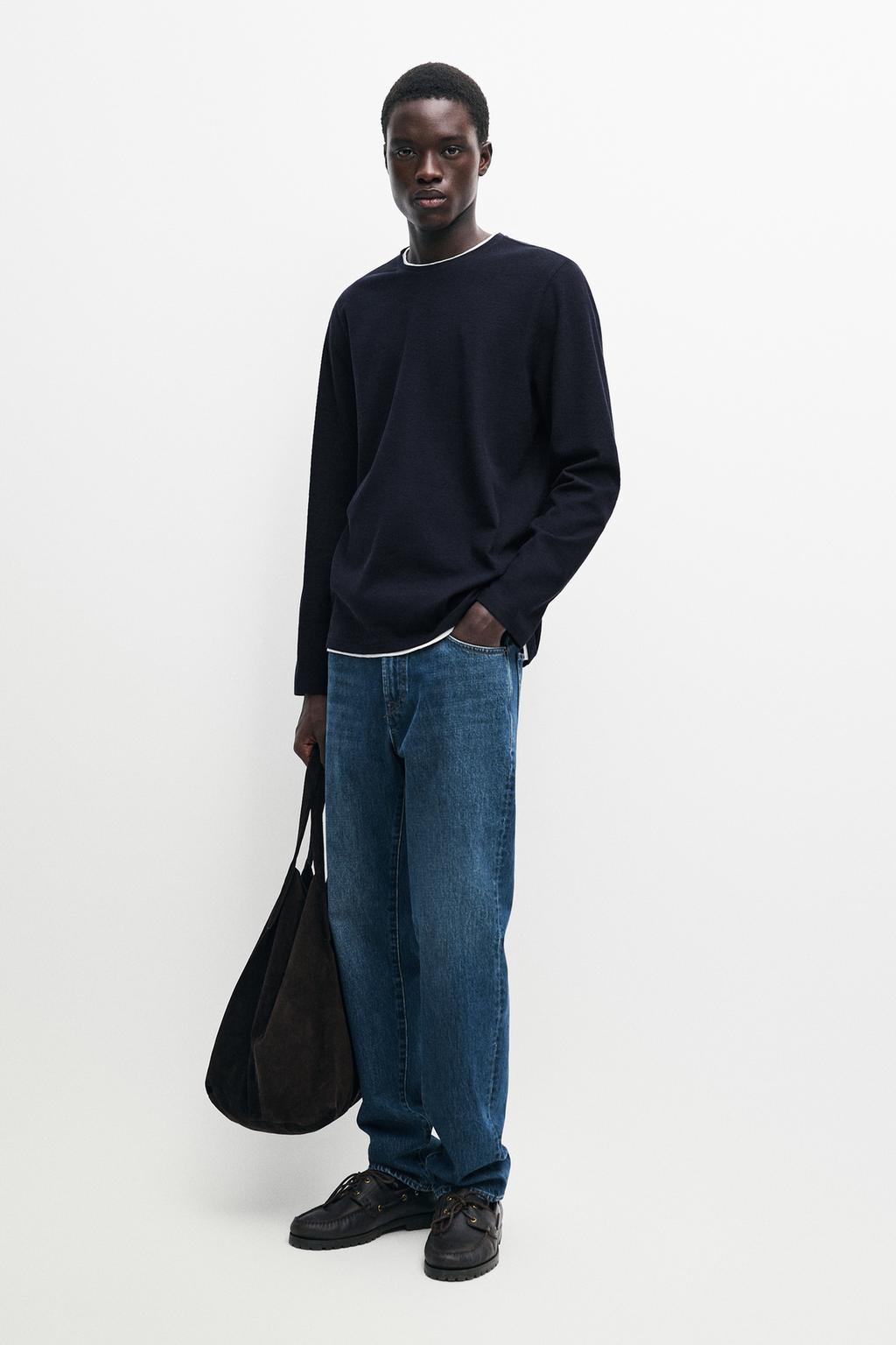 Cotton blend long sleeve T-shirt with double trim