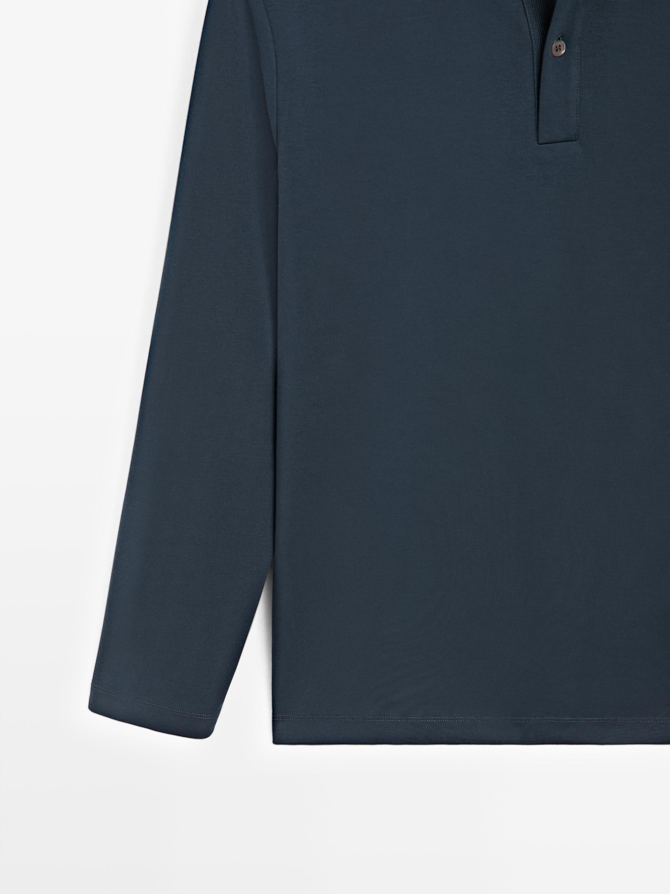 Long sleeve polo shirt with ribbed detail — NAVY BLUE