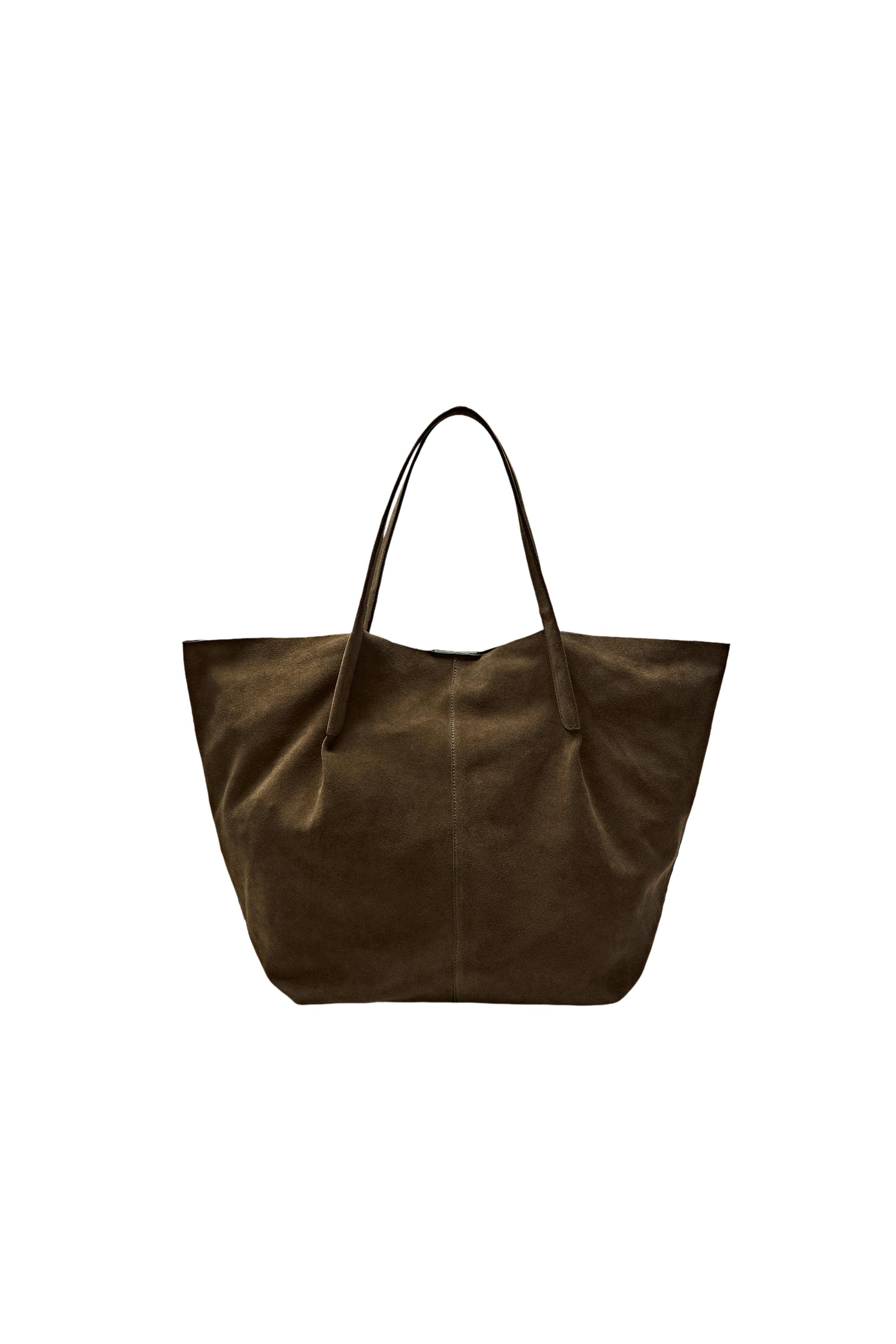 Split suede leather tote bag — KHAKI