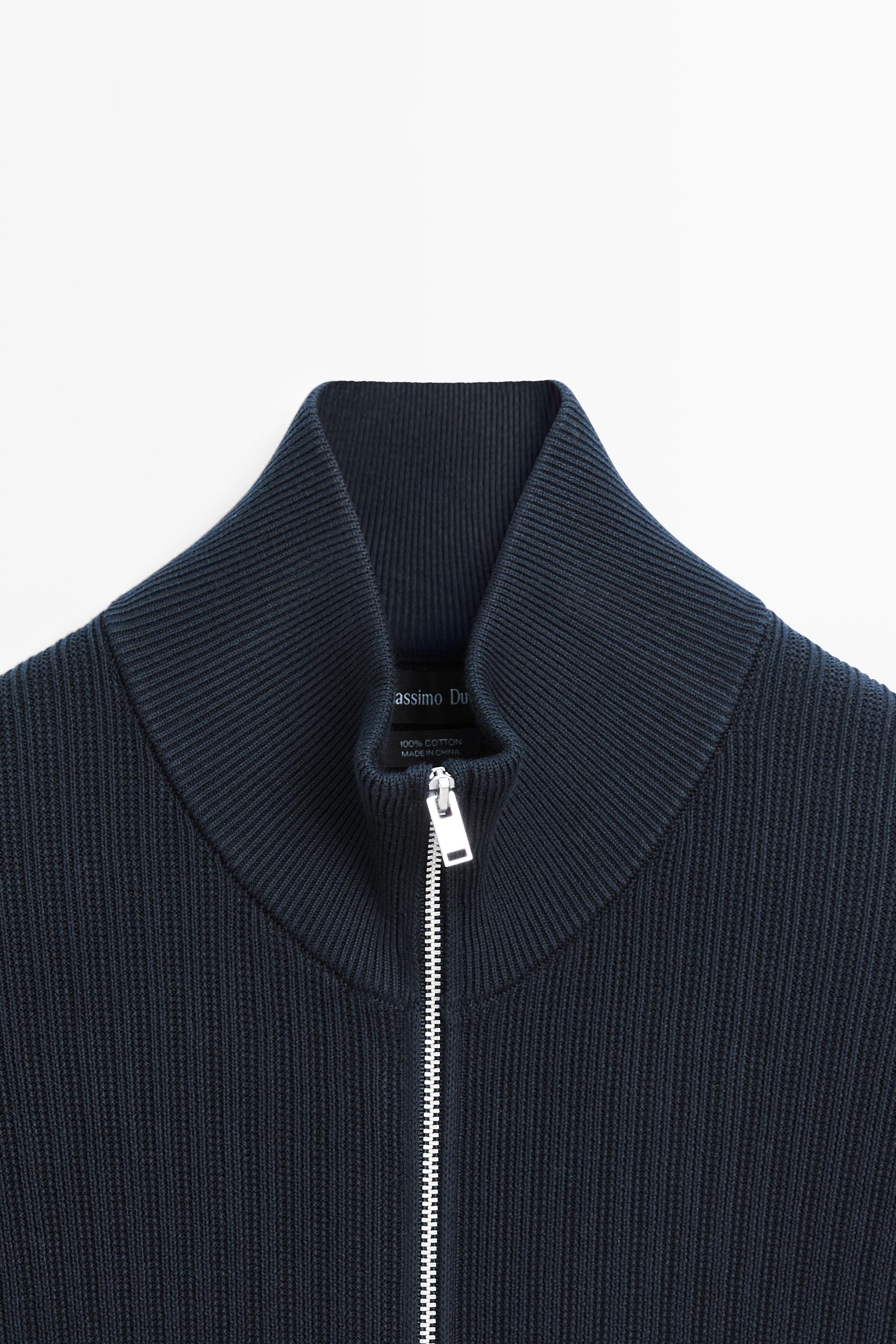 Cotton zip-up knit cardigan — NAVY BLUE