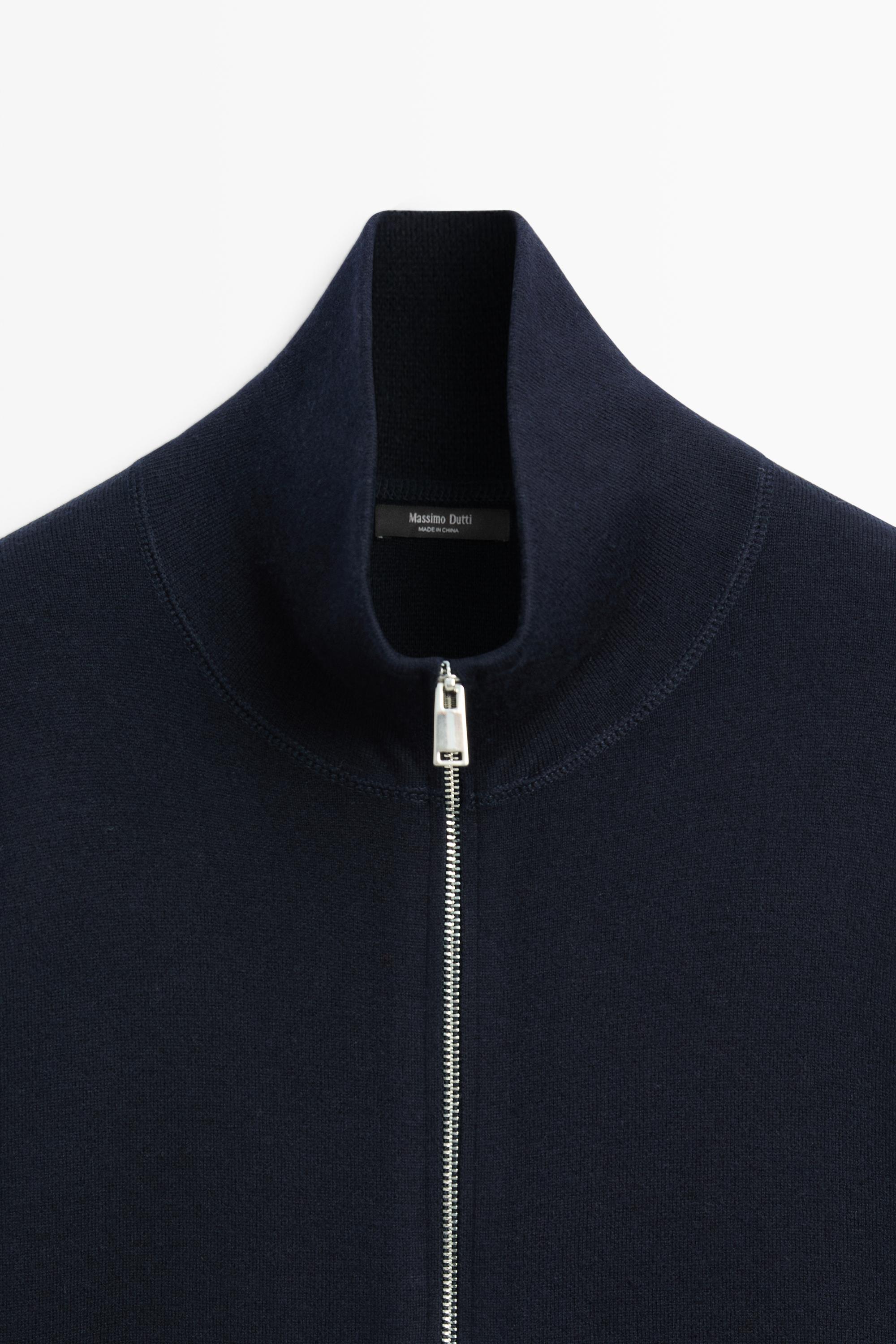 Cotton knit zip-up jacket — NAVY BLUE