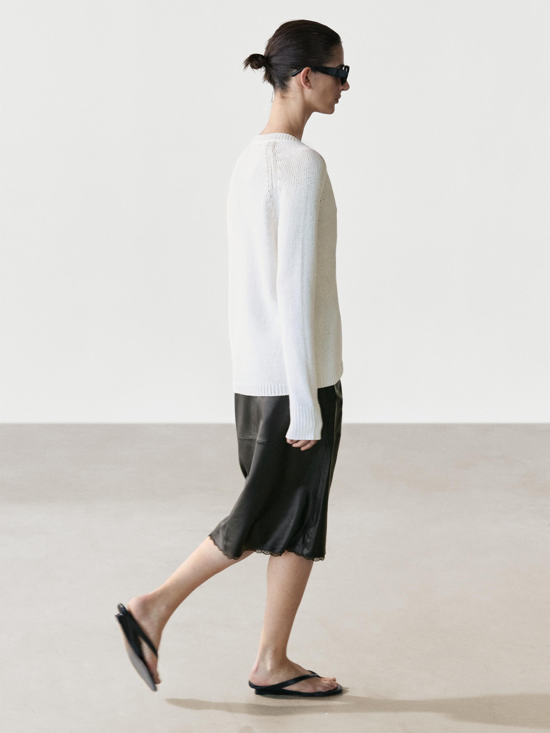 Nappa leather midi skirt with lace detail — BLACK