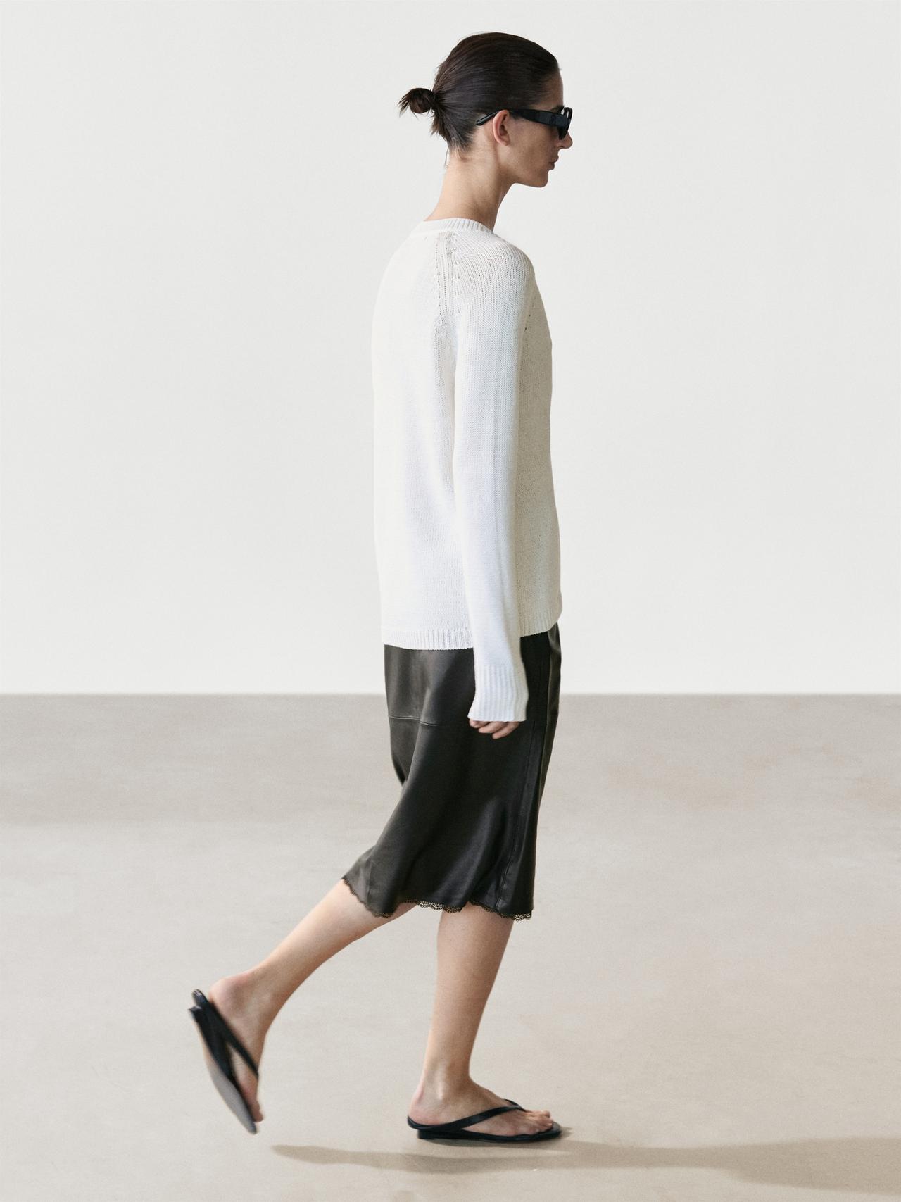 Nappa leather midi skirt with lace detail — BLACK