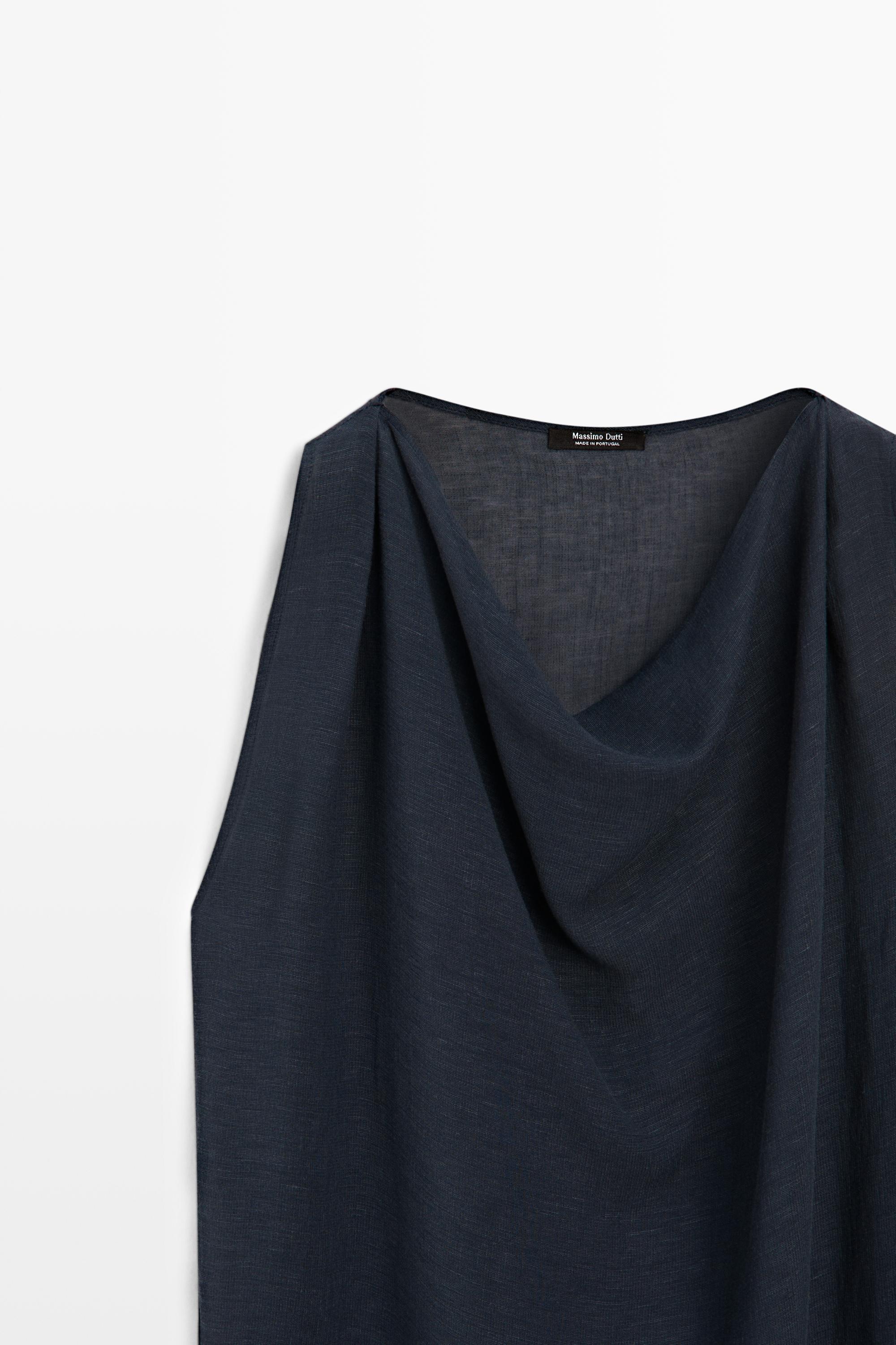 Asymmetric linen blend top — DARK BLUE