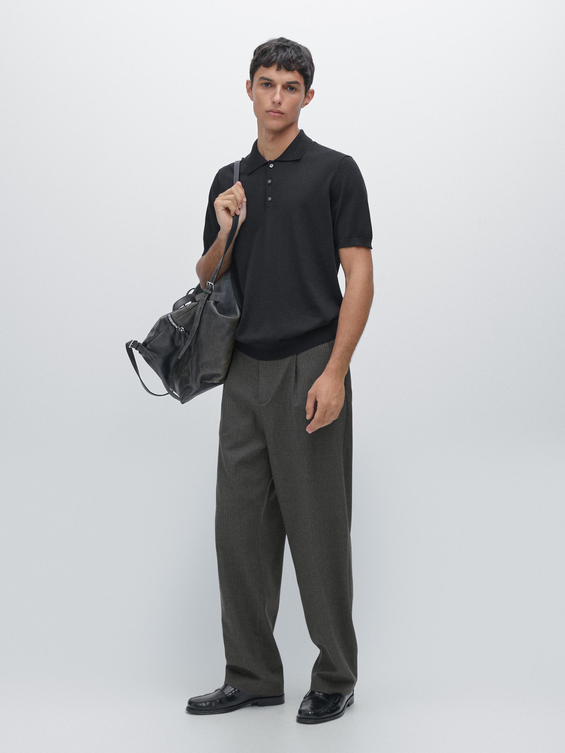 Dzianinowa Koszulka Polo Z Mieszanki Bawełny - Czarny - M - Massimo Dutti - Mężczyzna