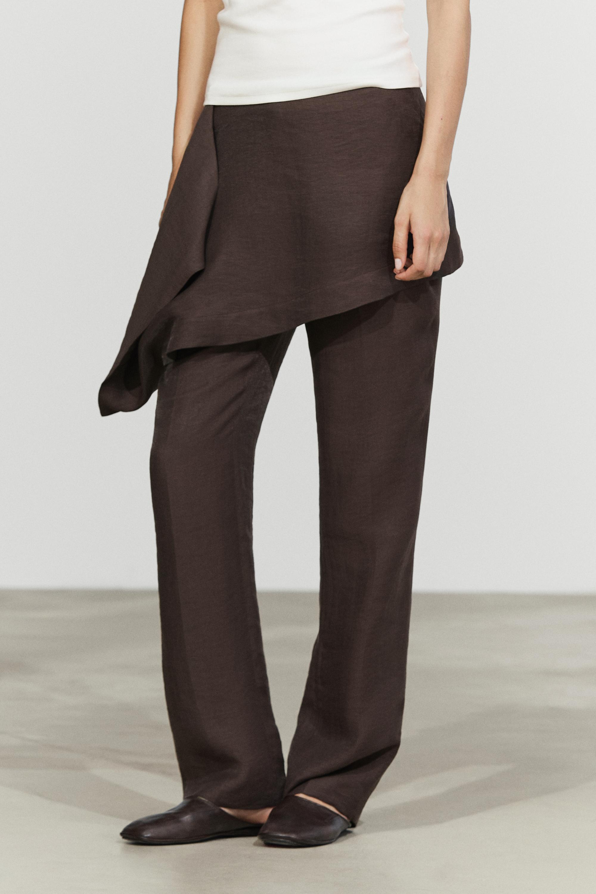 Pants with skirt detail and linen — Chocolate
