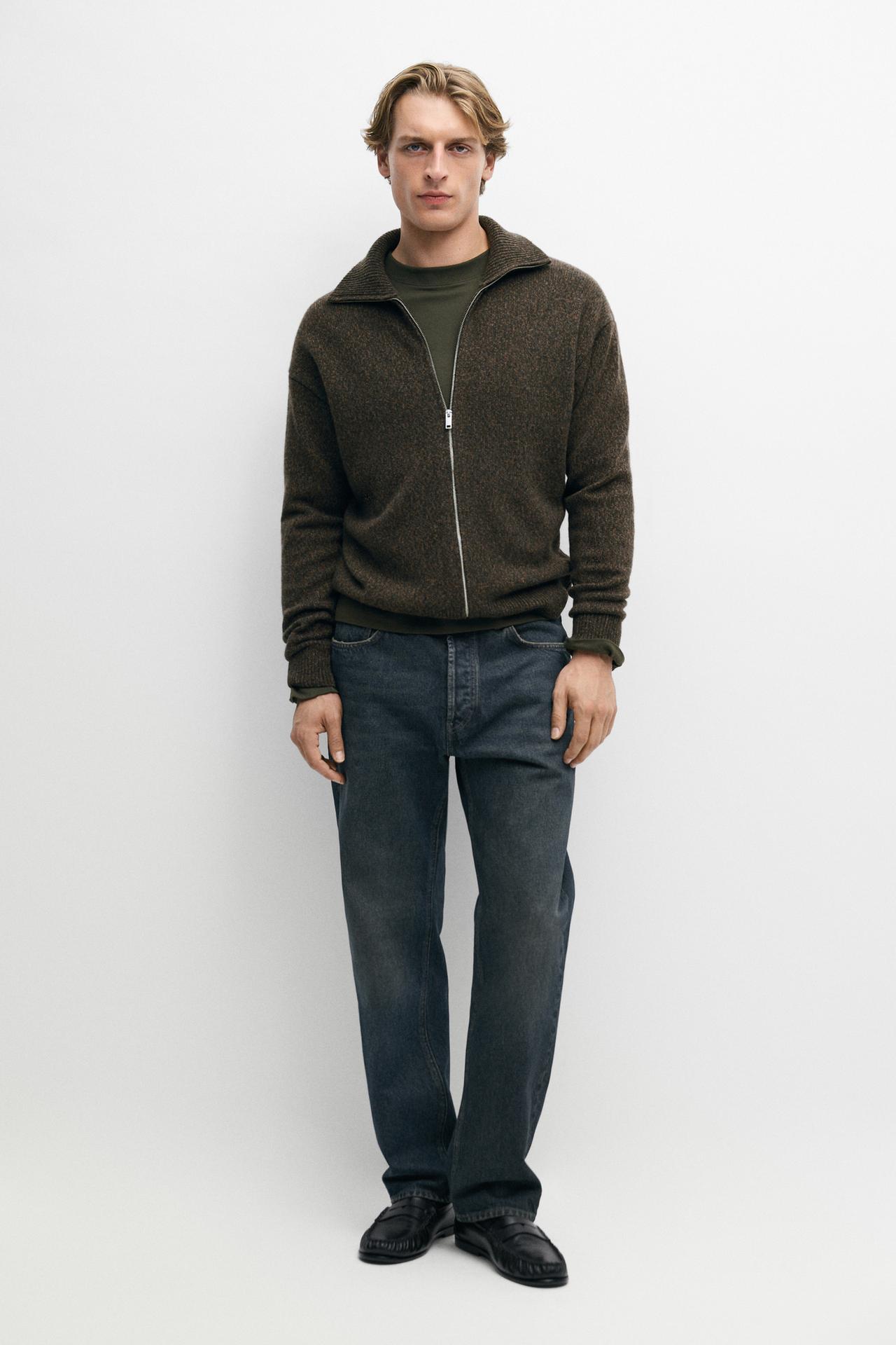 100% wool knit zip-up cardigan — PINE GREEN