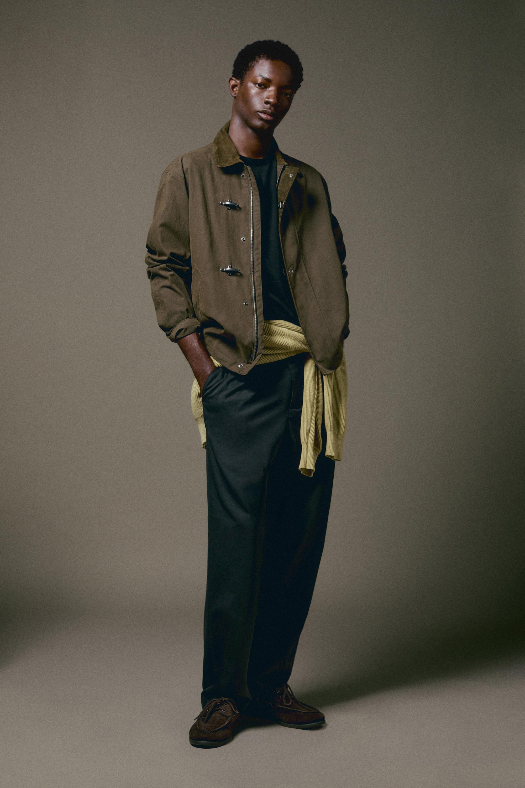 Jacket with leather collar detail — DARK KHAKI
