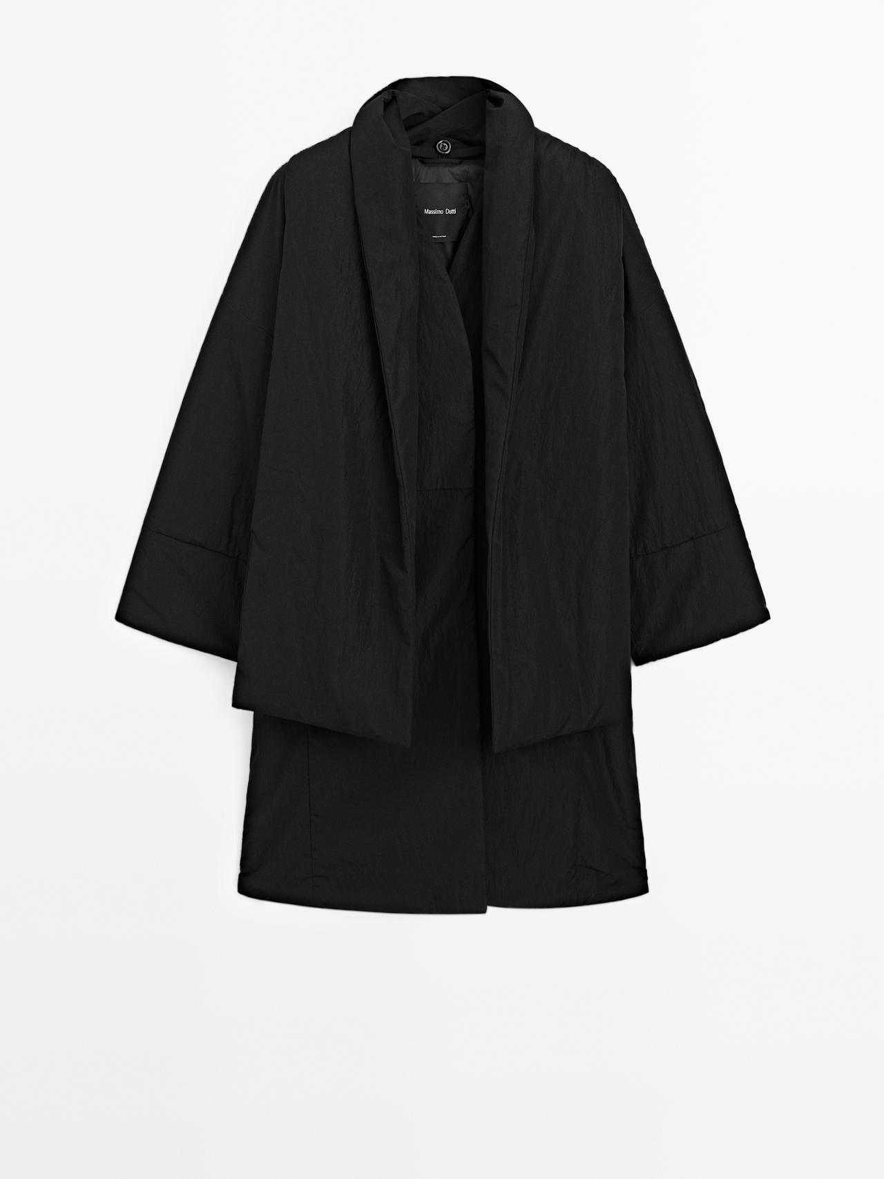 Massimo Dutti - Dames - Lange Gewatteerde Jas Met Sjaal - Zwart - M