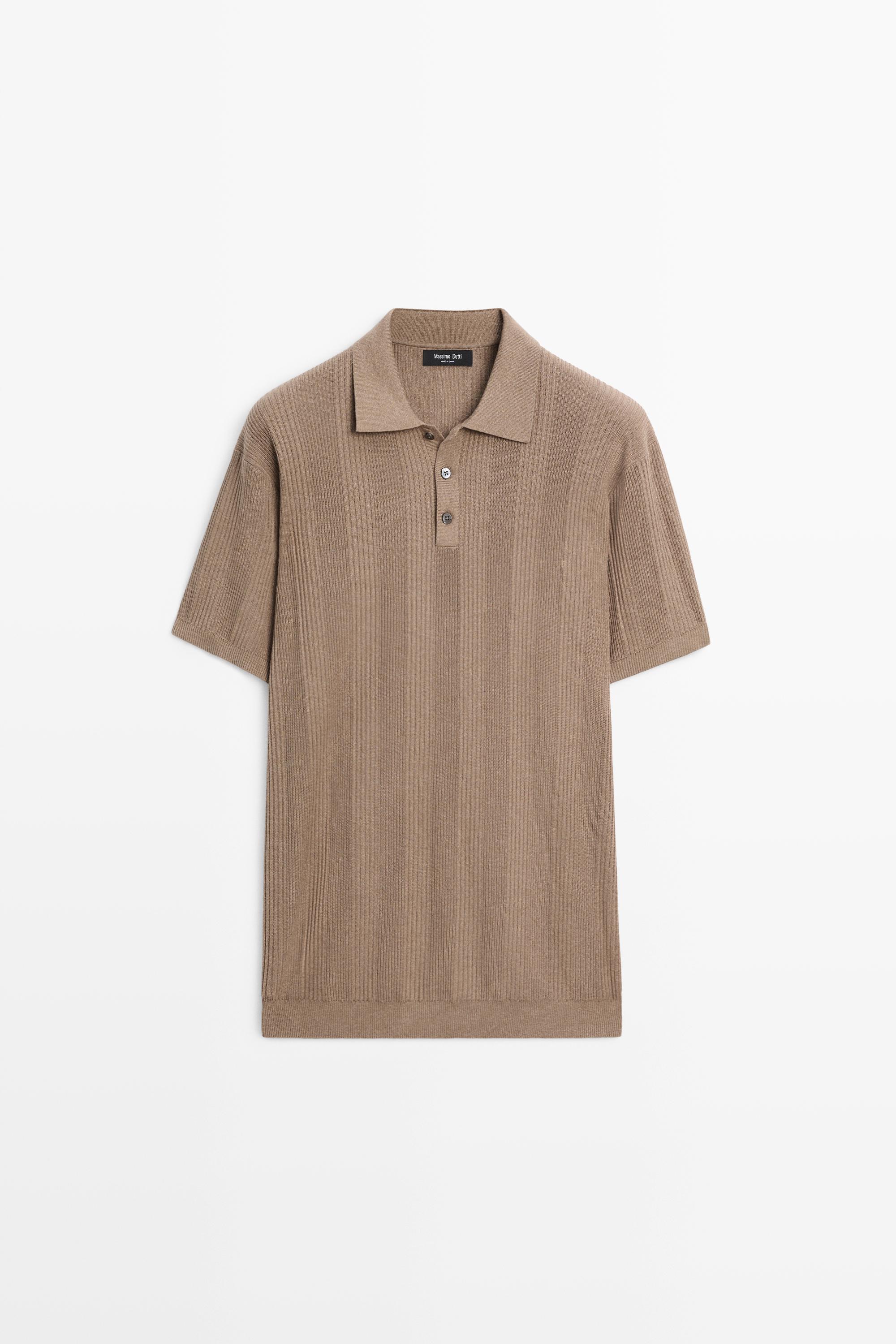 100% cotton textured striped knit polo shirt — PALE KHAKI