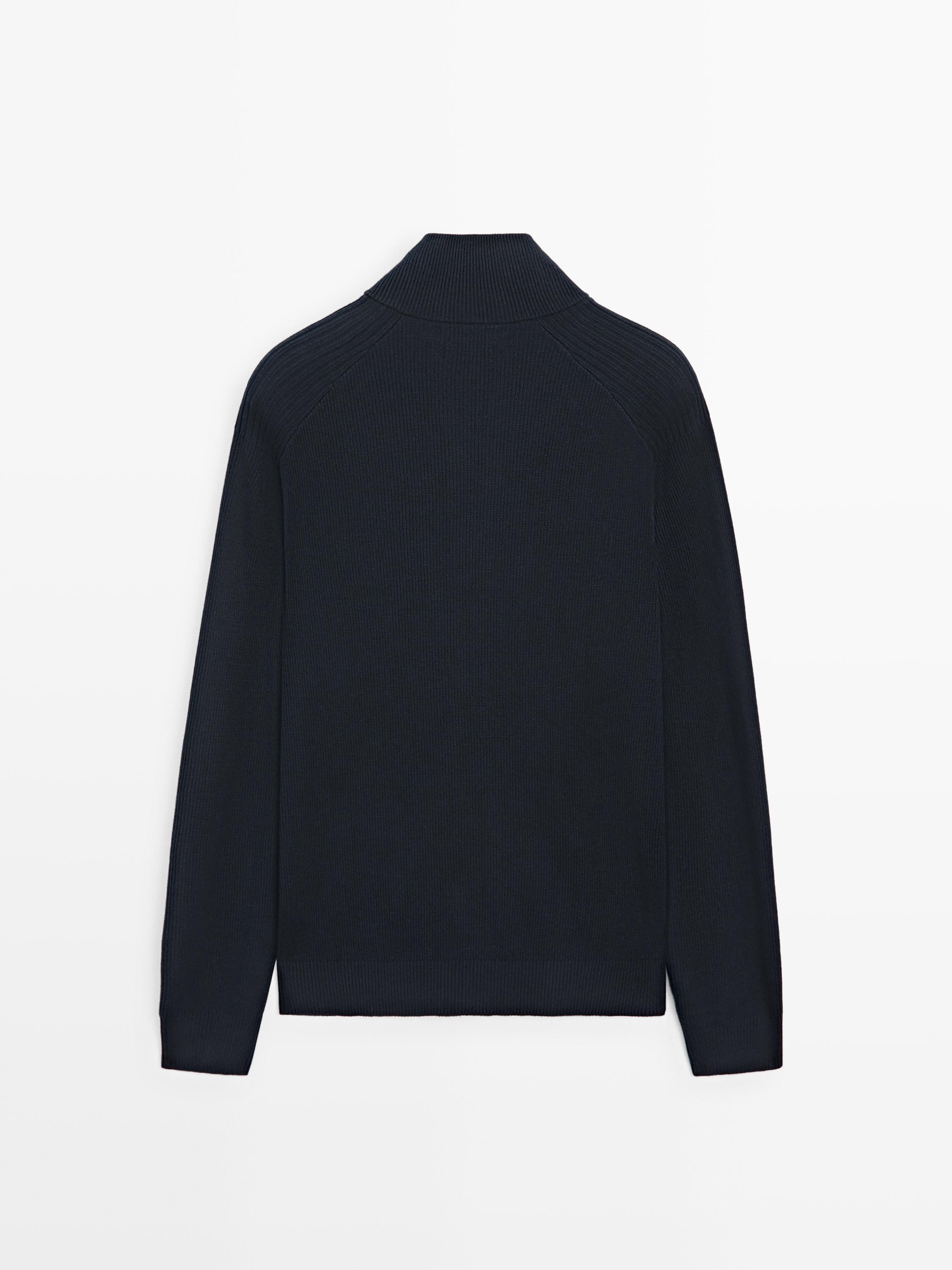 Cotton zip-up knit cardigan — NAVY BLUE