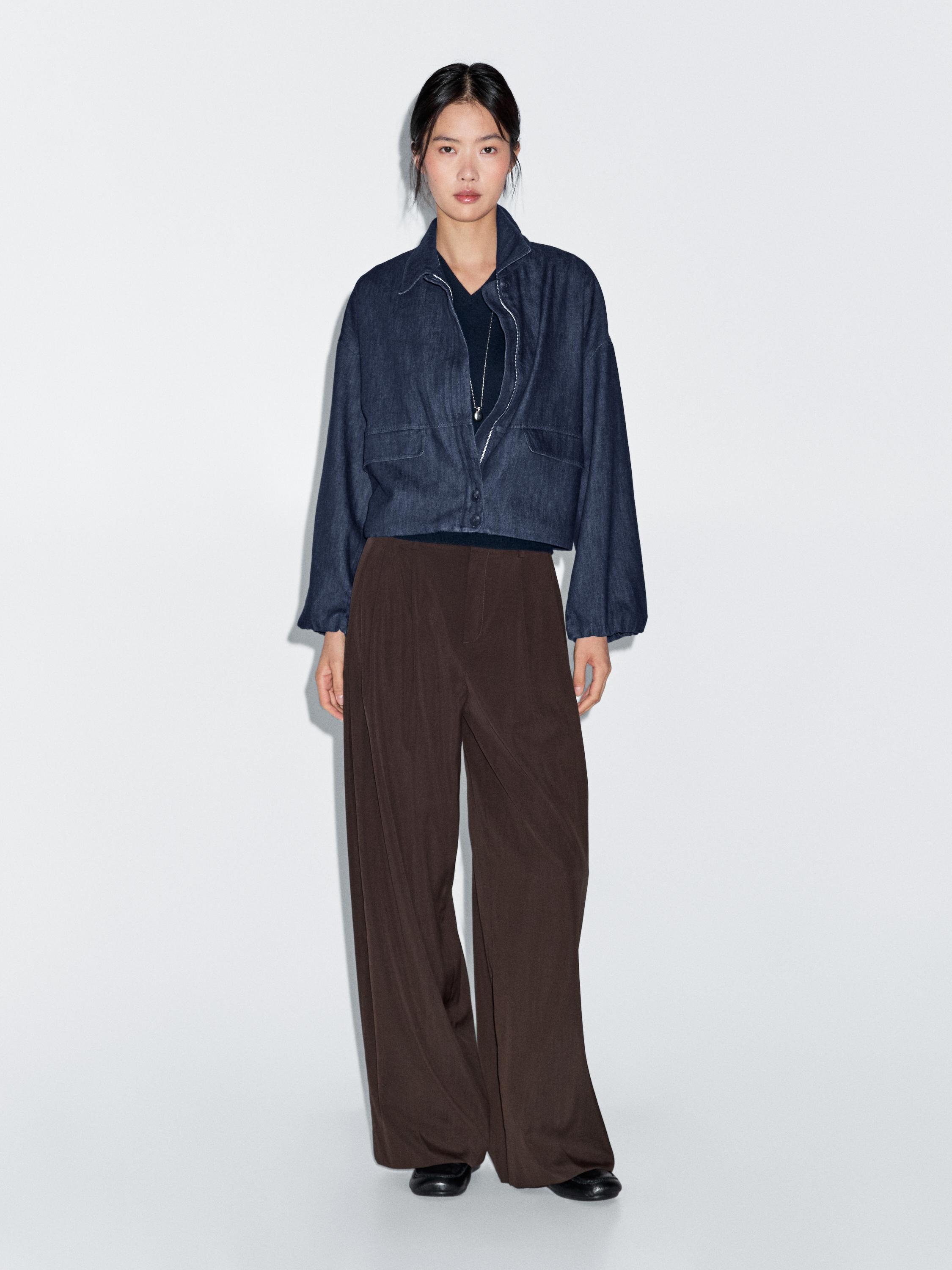 Cotton blend denim bomber jacket