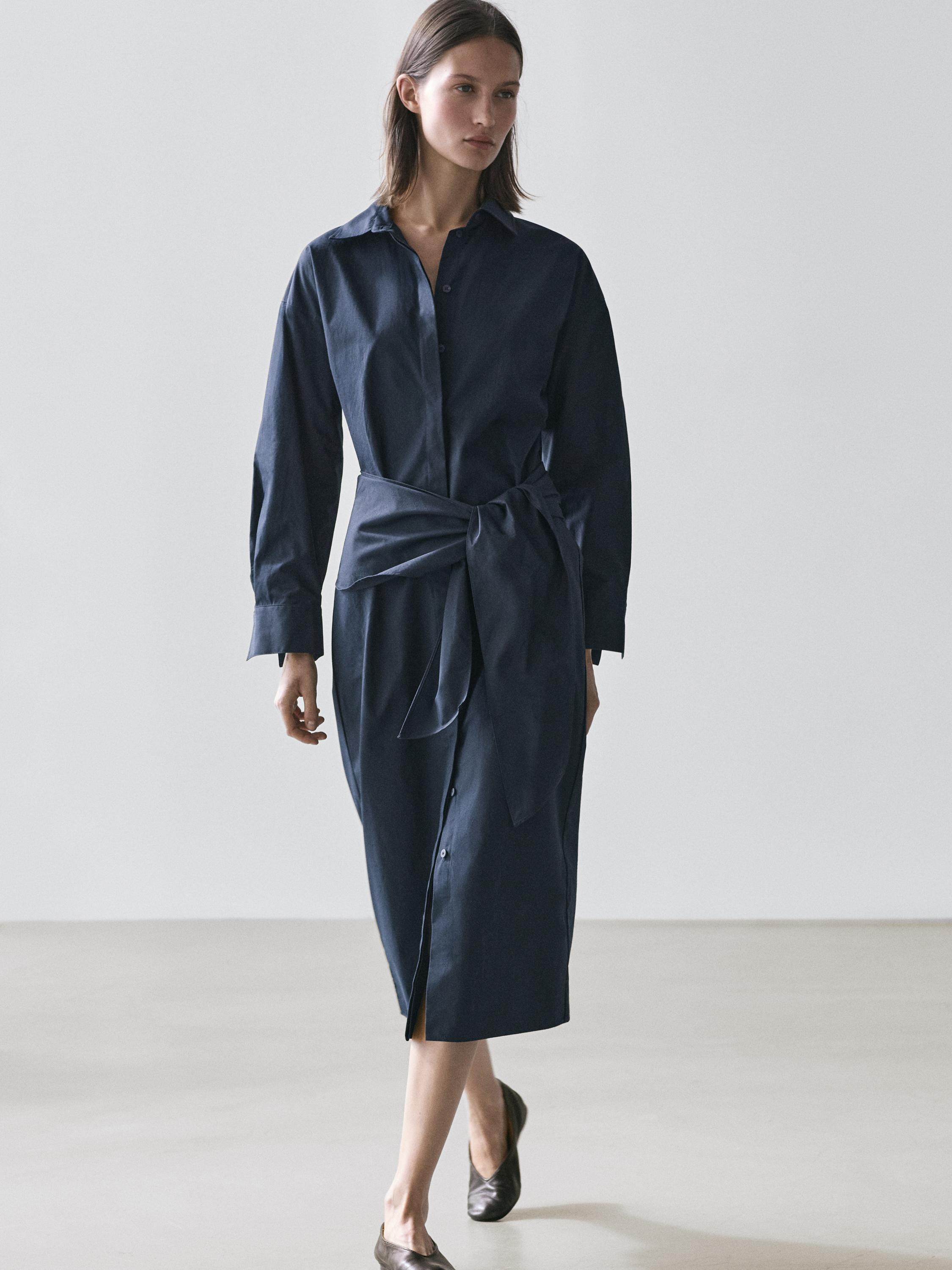 Midi shirt dress with scarf detail — BLUE
