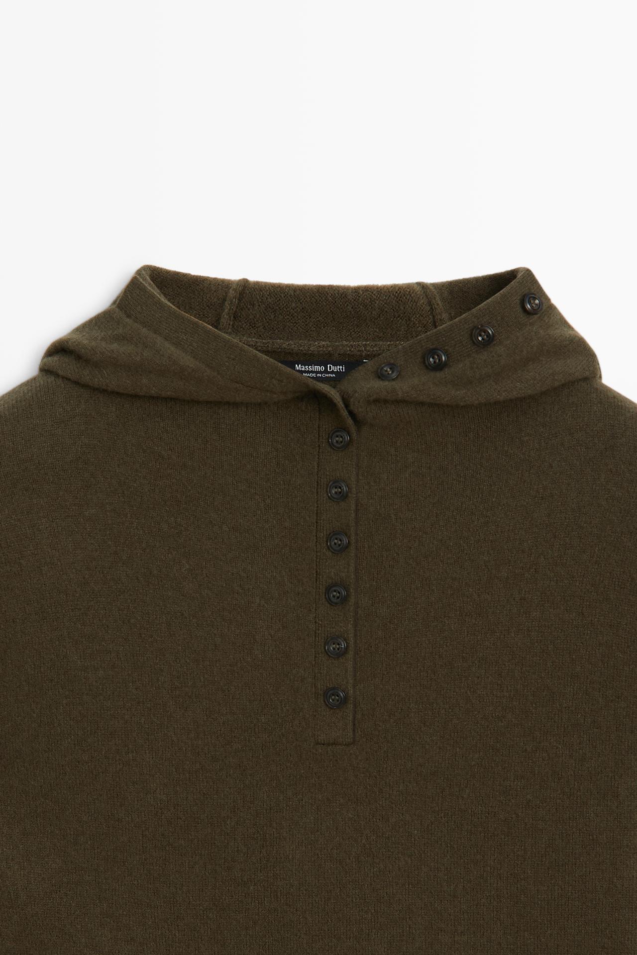 Hooded knit sweater with button detail — KHAKI