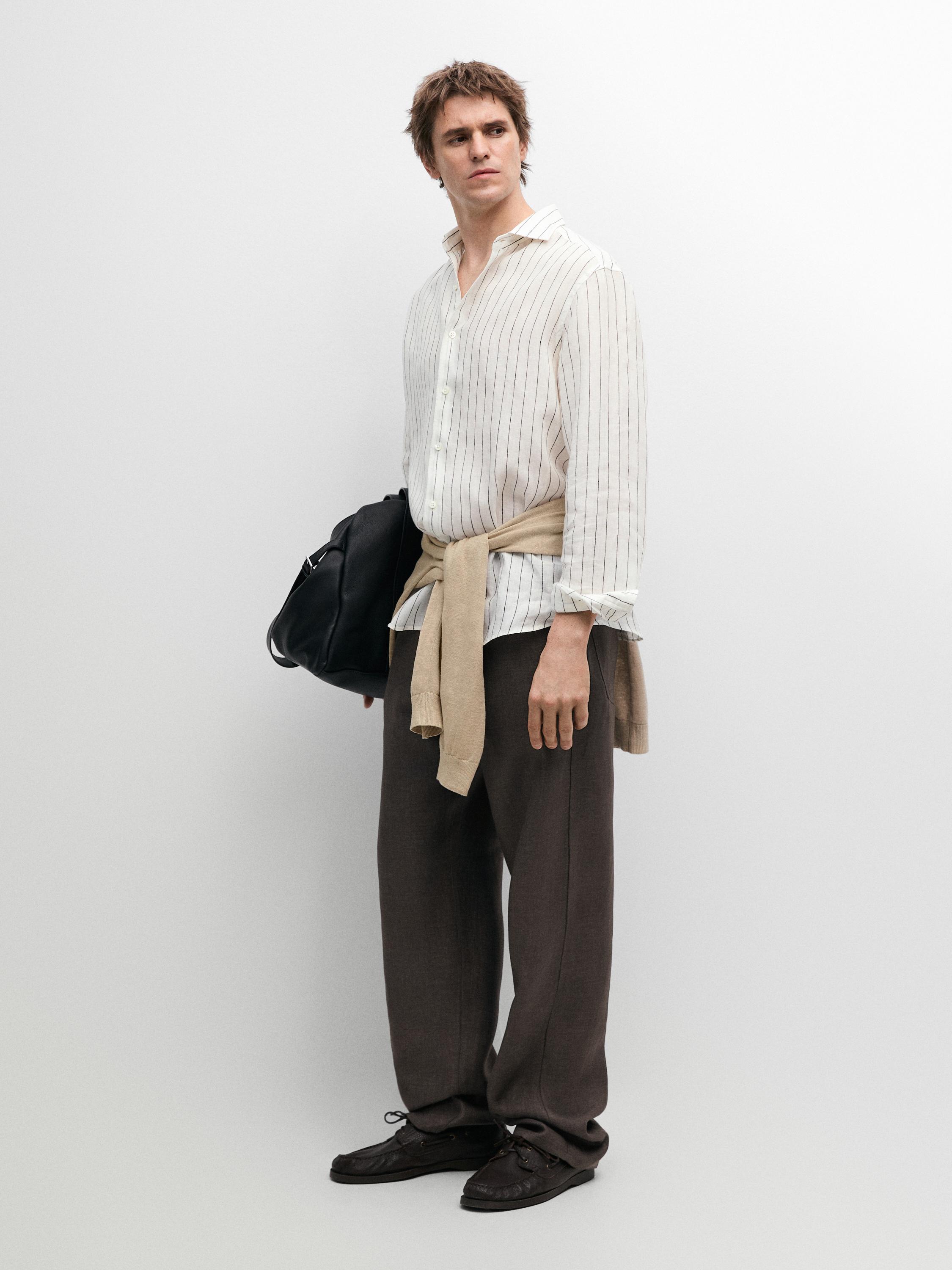 100% linen slim fit striped shirt — Off white