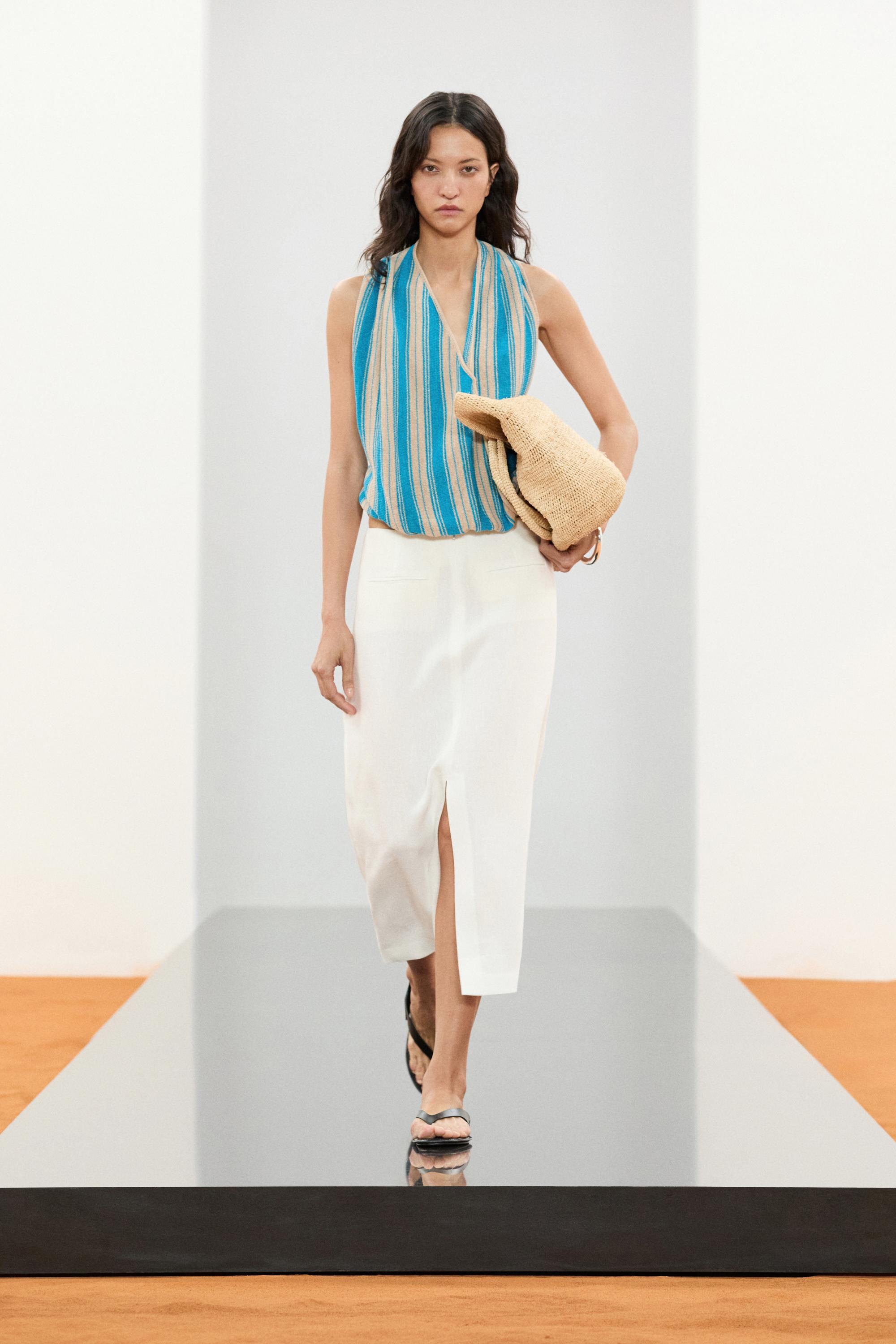 Striped linen blend surplice top — TURQUOISE