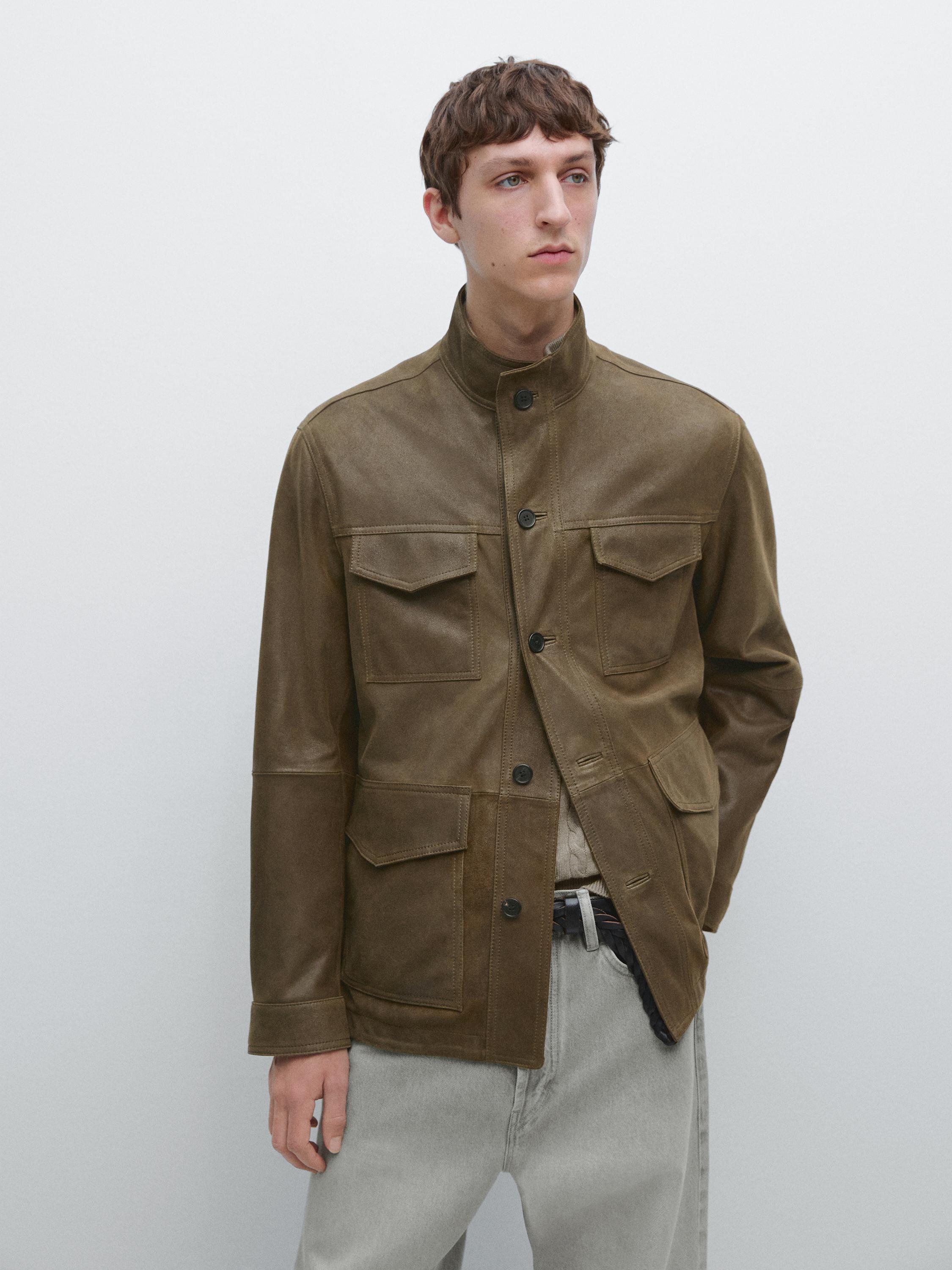Distressed-effect goatskin leather jacket — KHAKI
