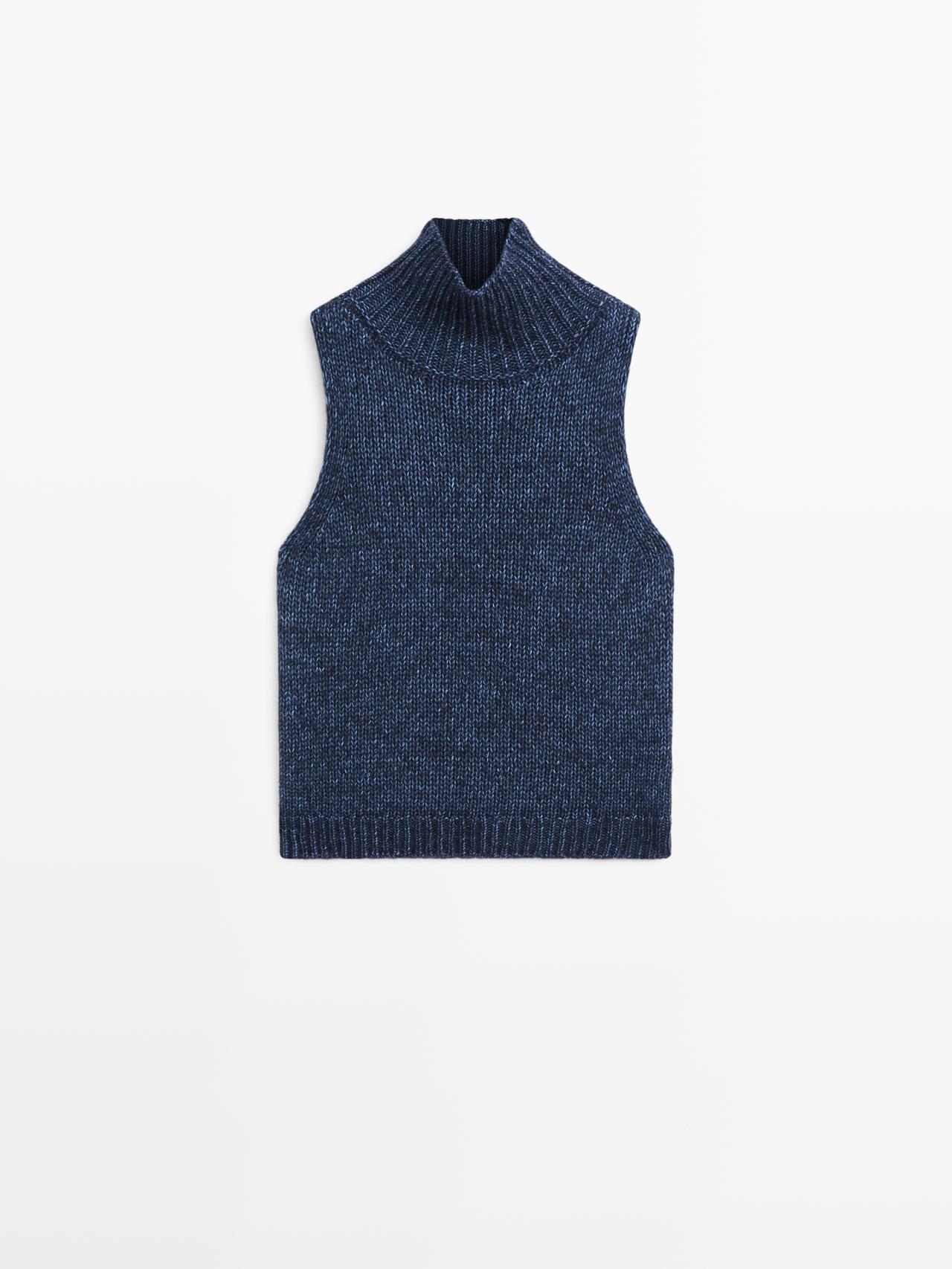 Massimo Dutti - Dame - Strikket Vest Med Rullekrave - Blå - M