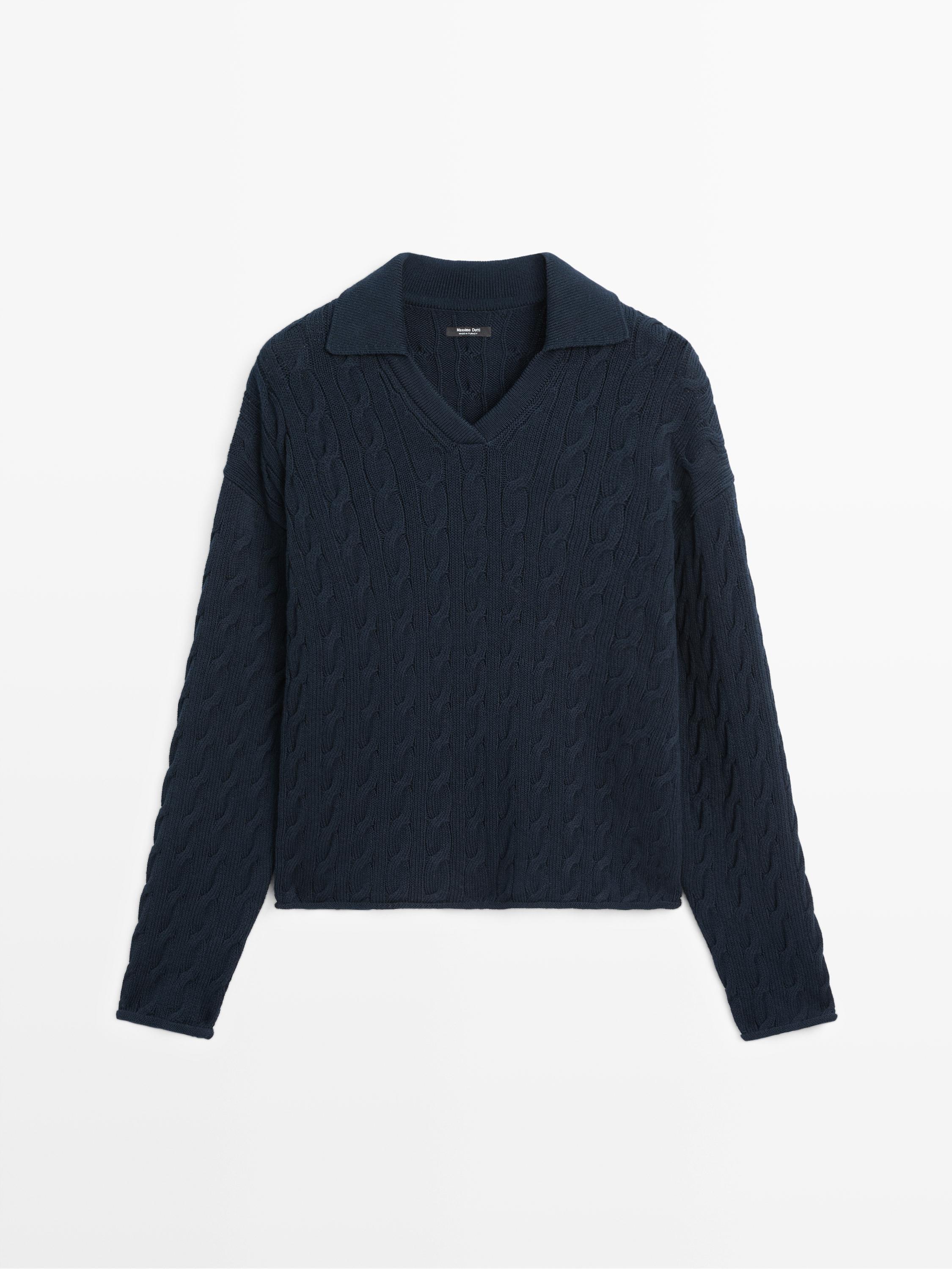 Cotton blend knit polo collar sweater