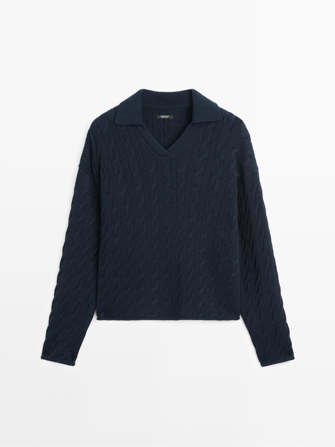 Massimo Dutti - Dame - Strikket Polotrøje I Bomuldsblanding - Marineblå - Xs