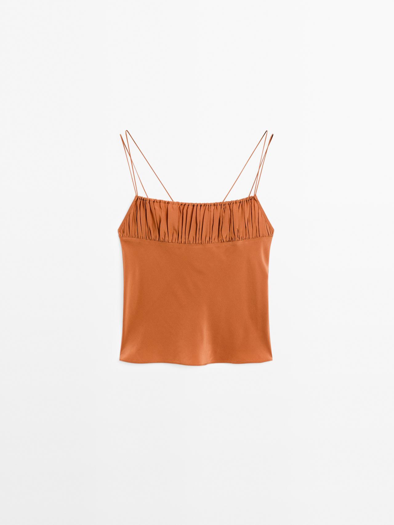 Massimo Dutti - Dame - Top Med Blødt Fald Og Draperet Detalje - Vinrød - M
