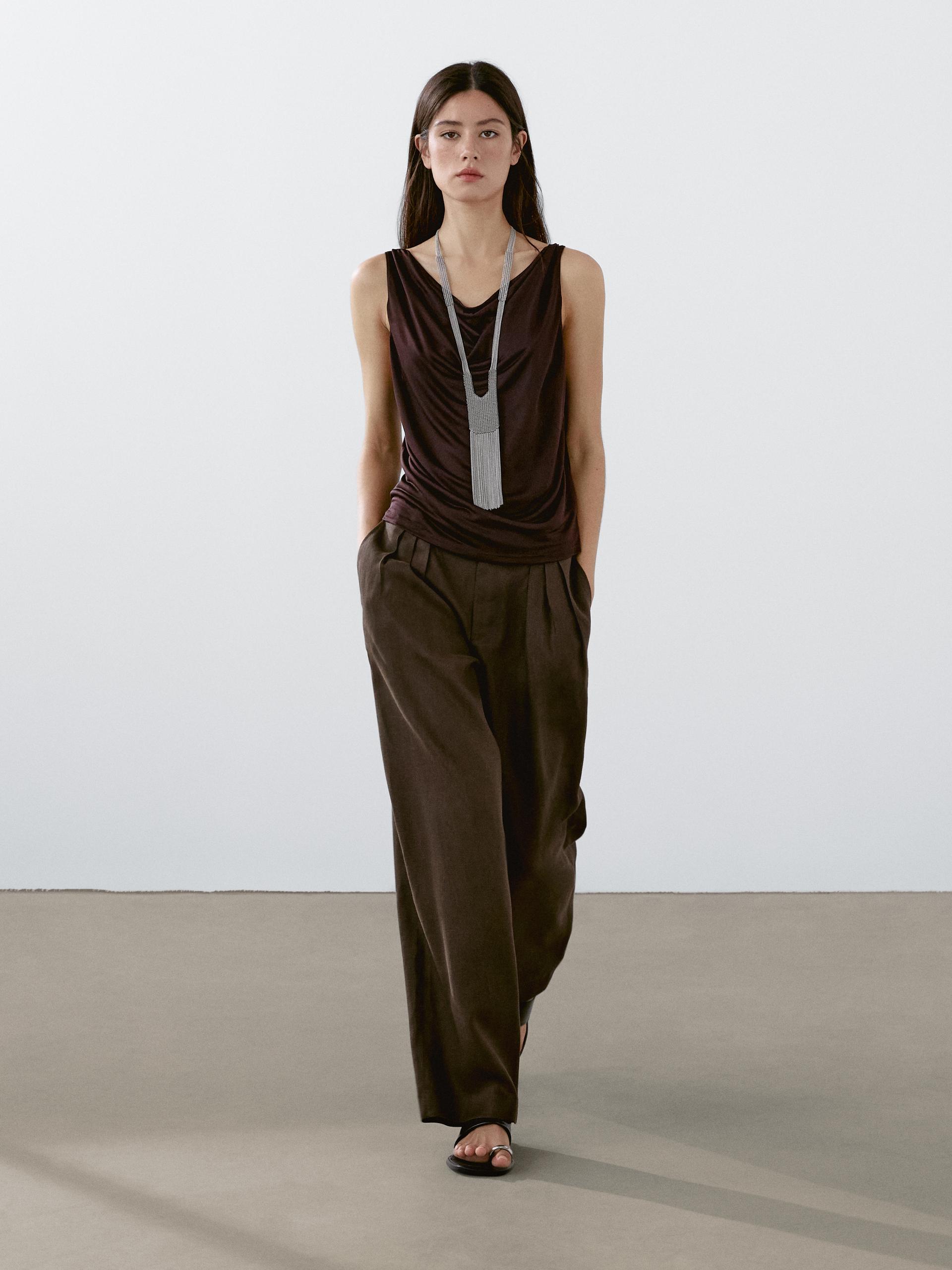 Lniane Spodnie Z Potrójnymi Zakładkami - Czekoladowy - 38 - Massimo Dutti - Kobieta