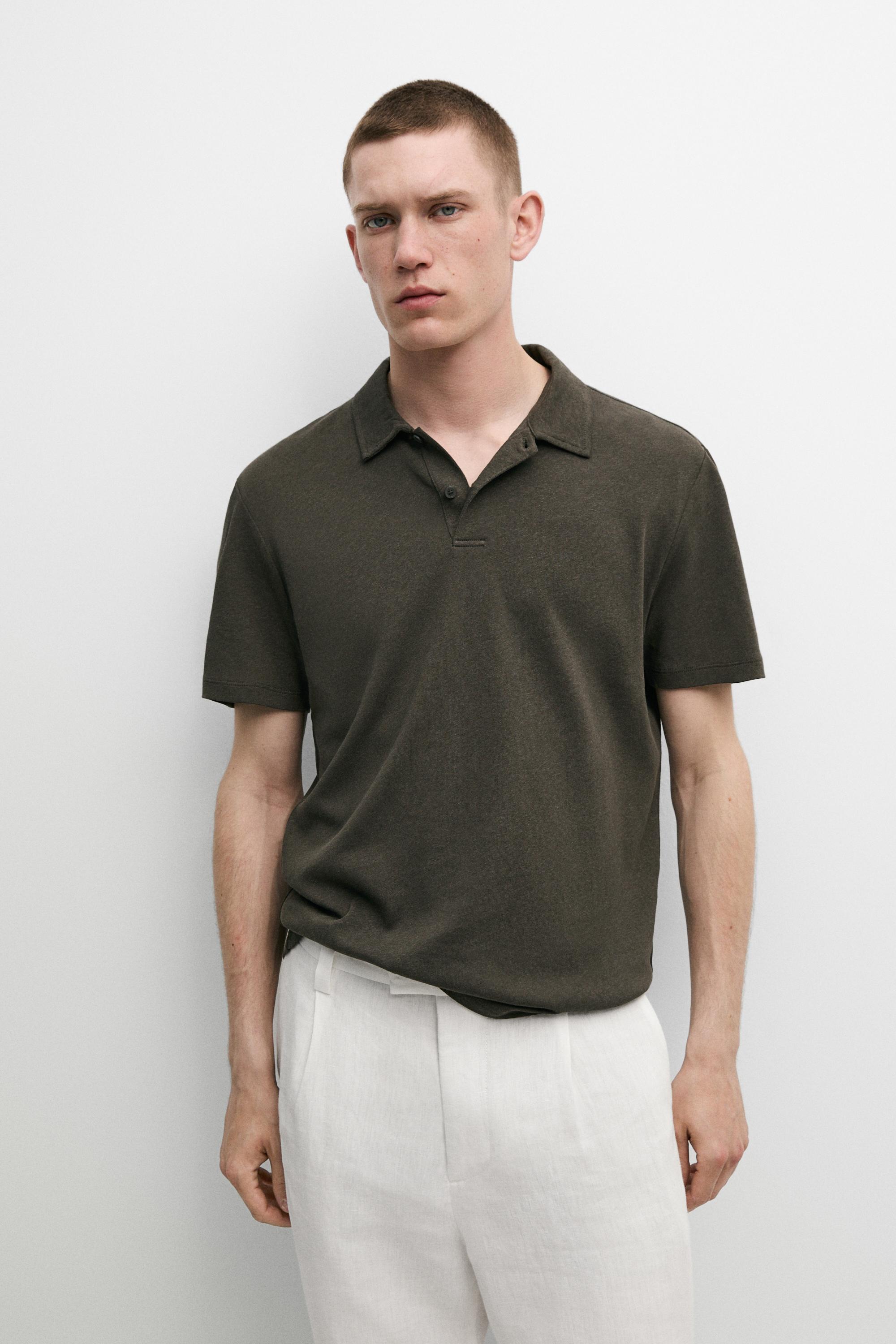 Linen and cotton short sleeve polo shirt — KHAKI