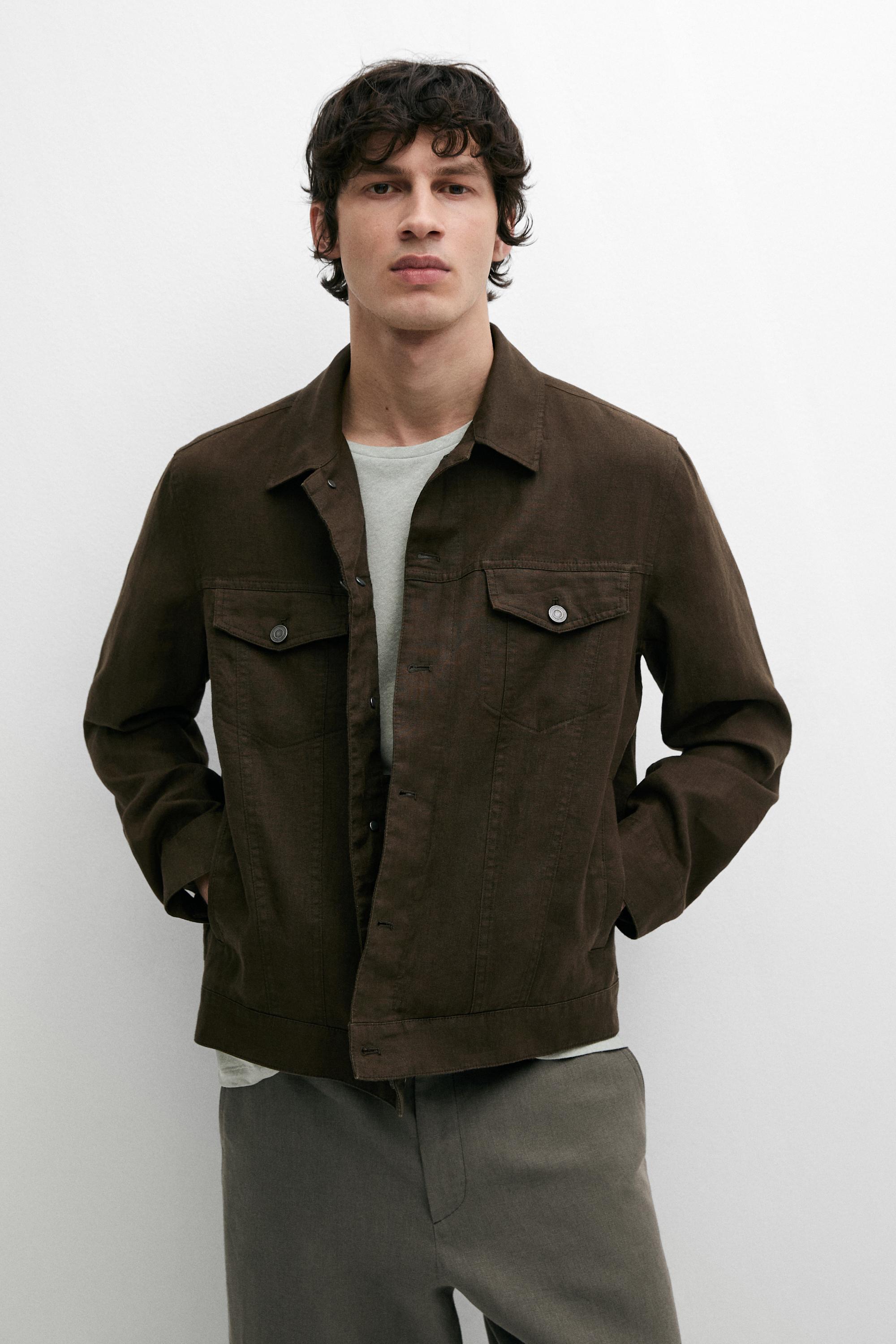 100% linen trucker jacket — DARK KHAKI