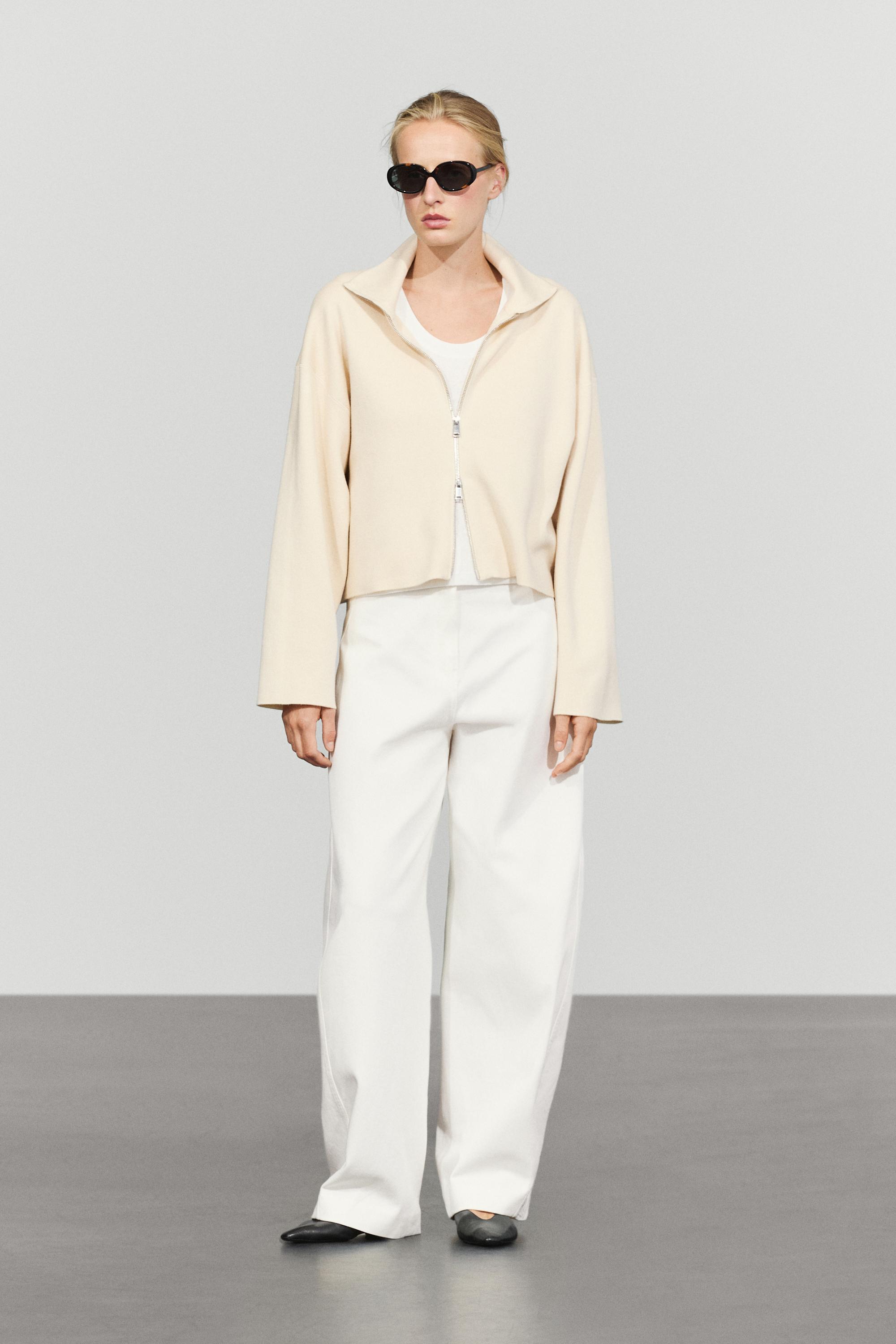 Cotton knit zip-up jacket — Vanilla