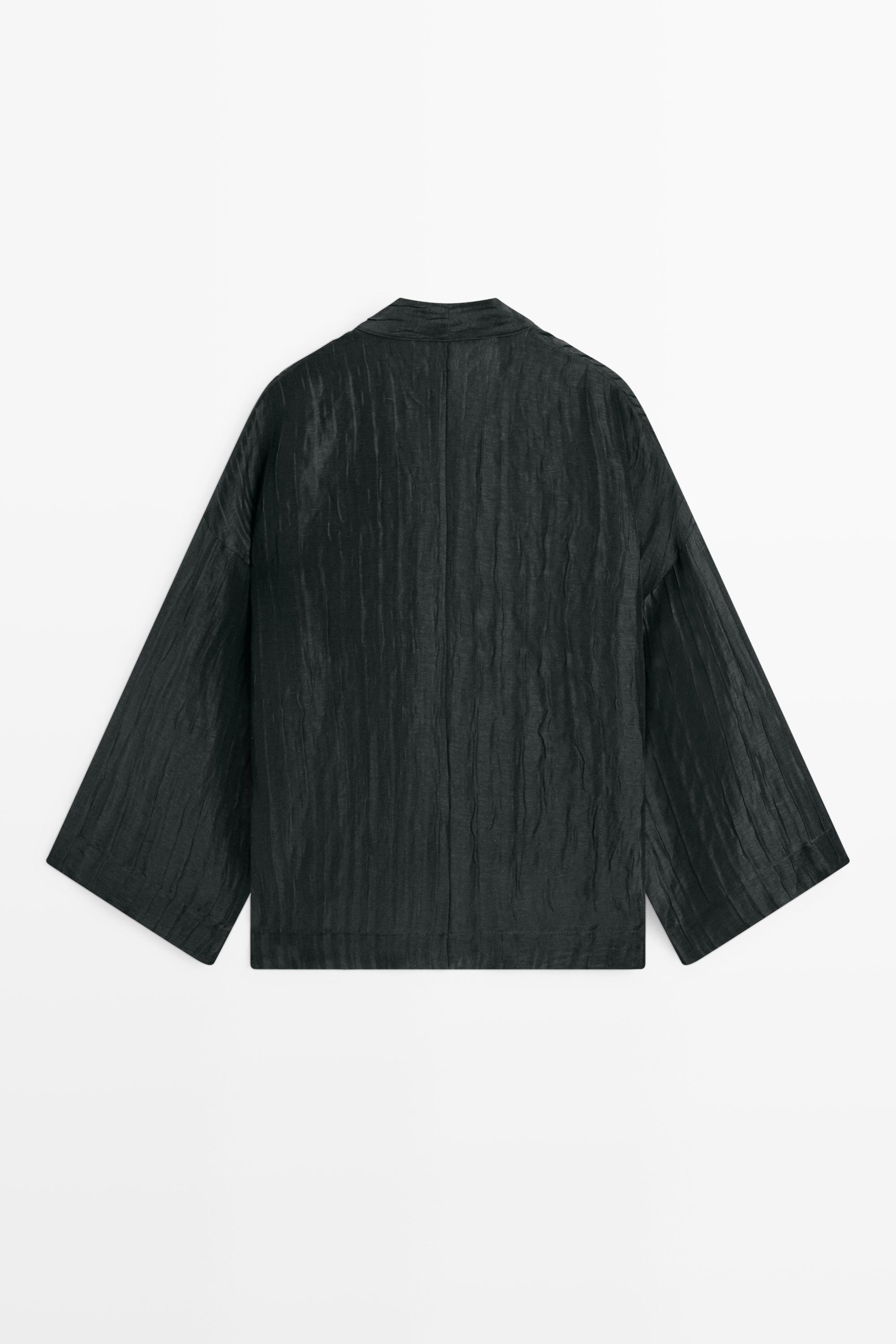 Textured linen blend V-neck kimono — BLACK
