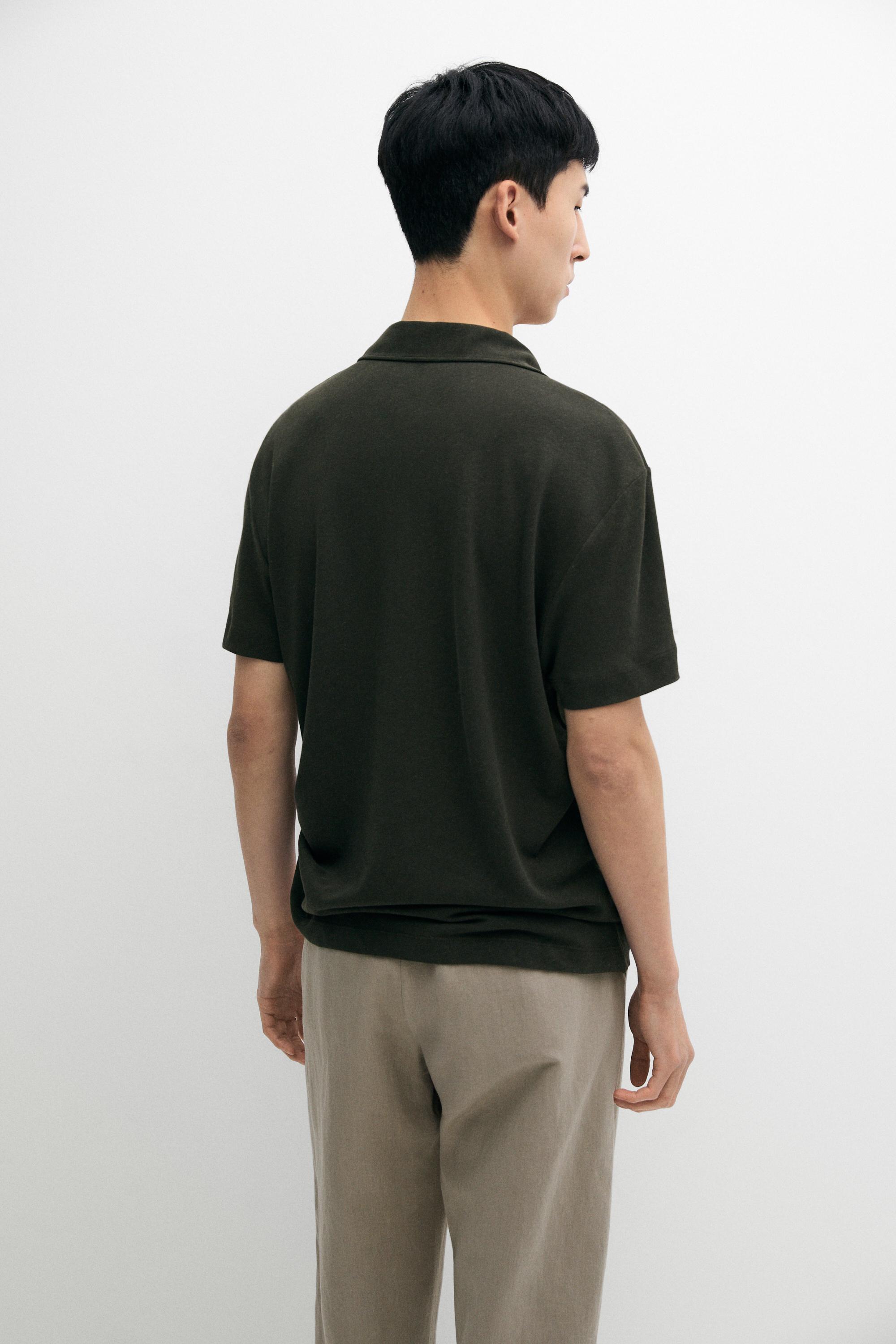 Short sleeve linen cotton polo shirt — DARK GREEN