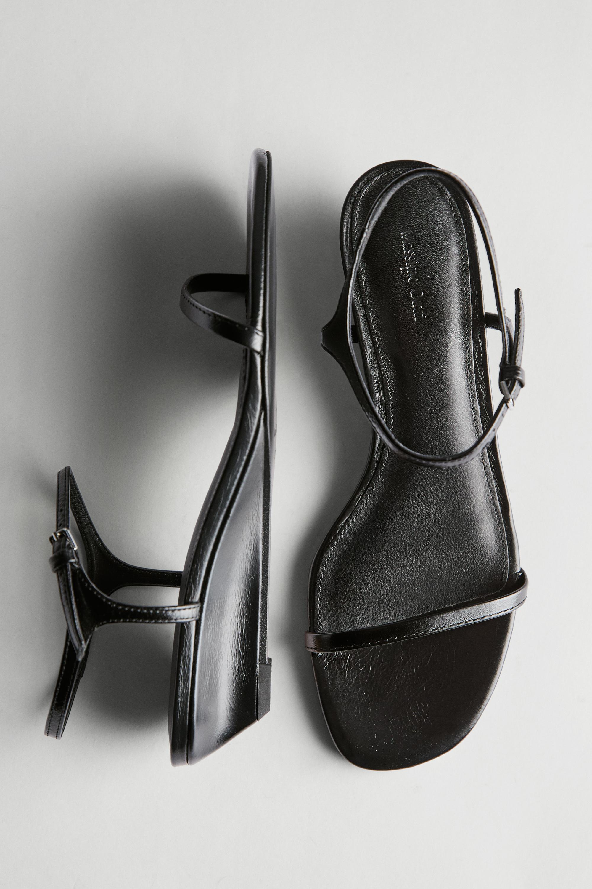 Strappy leather mid-wedge sandals — BLACK