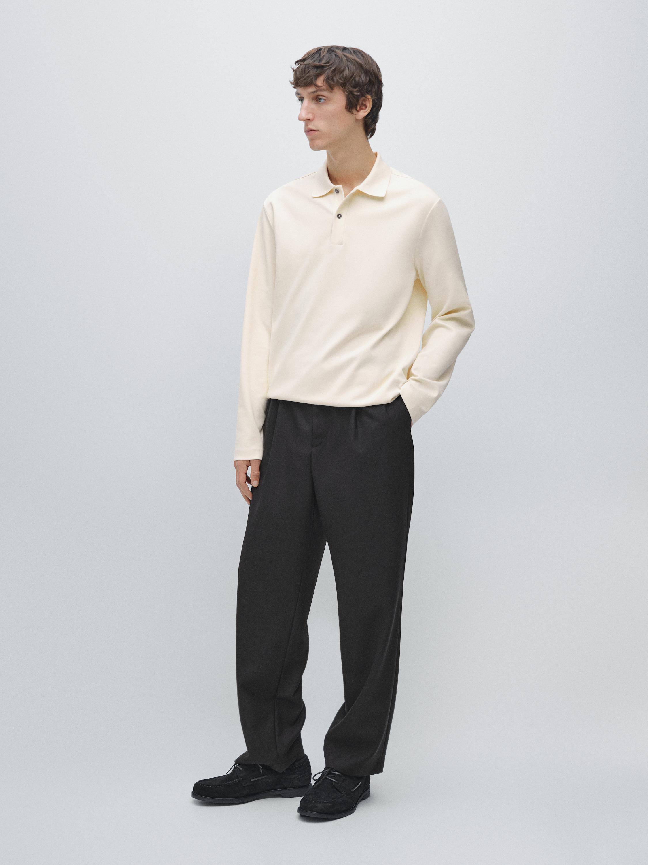 Long sleeve polo shirt with ribbed detail — CREAM