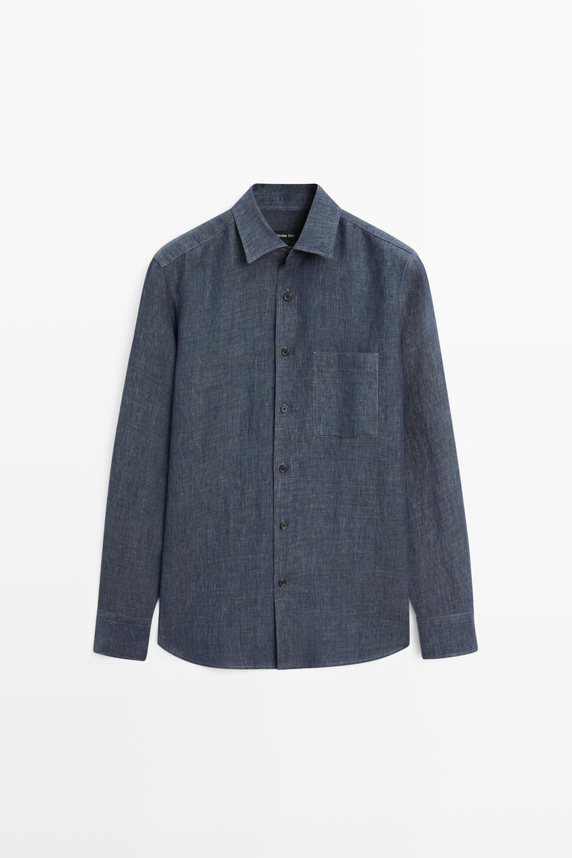 100% linen shirt with pocket — BLUE