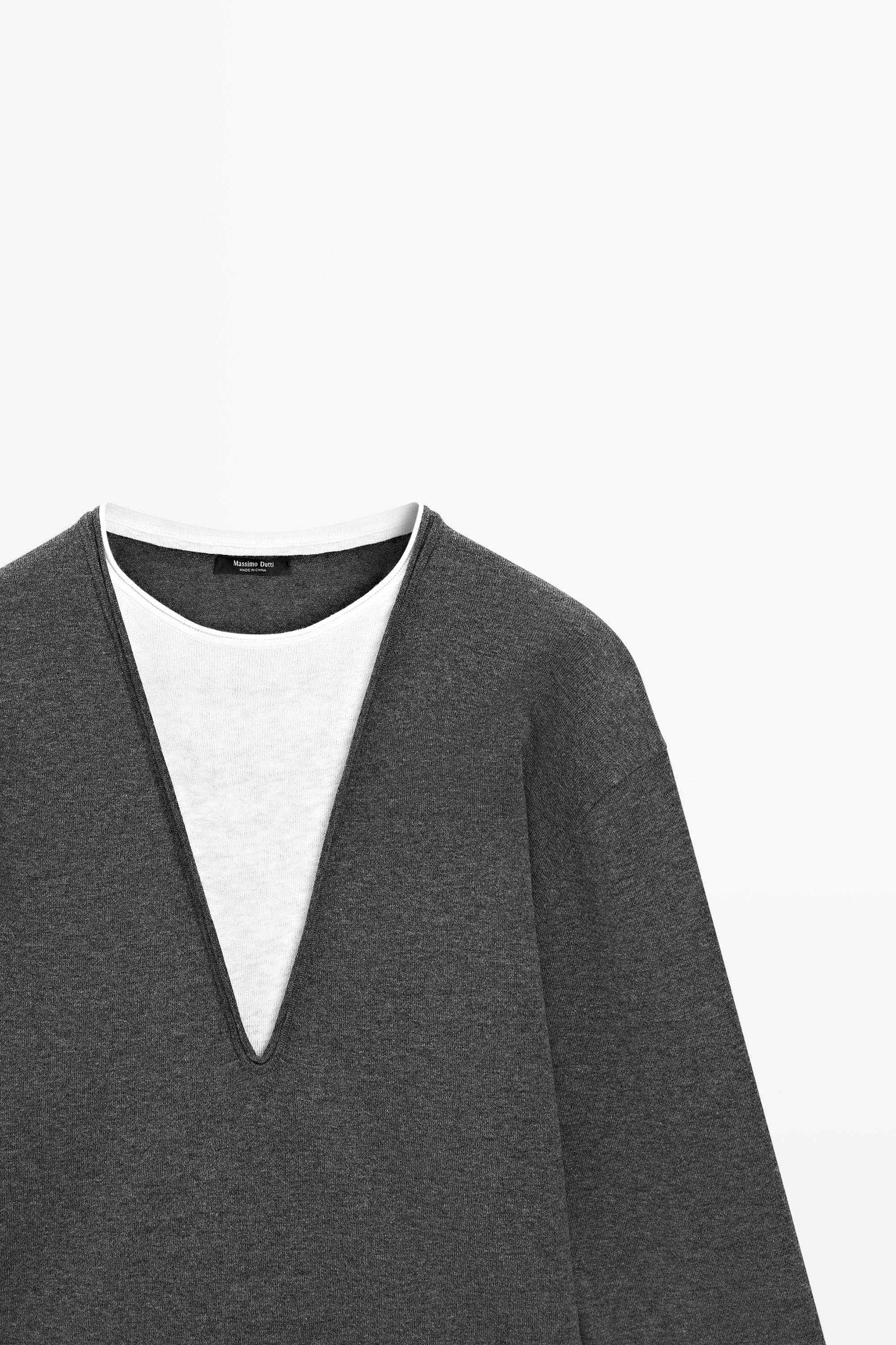 Cotton blend knit sweater with contrast fabric — CHARCOAL