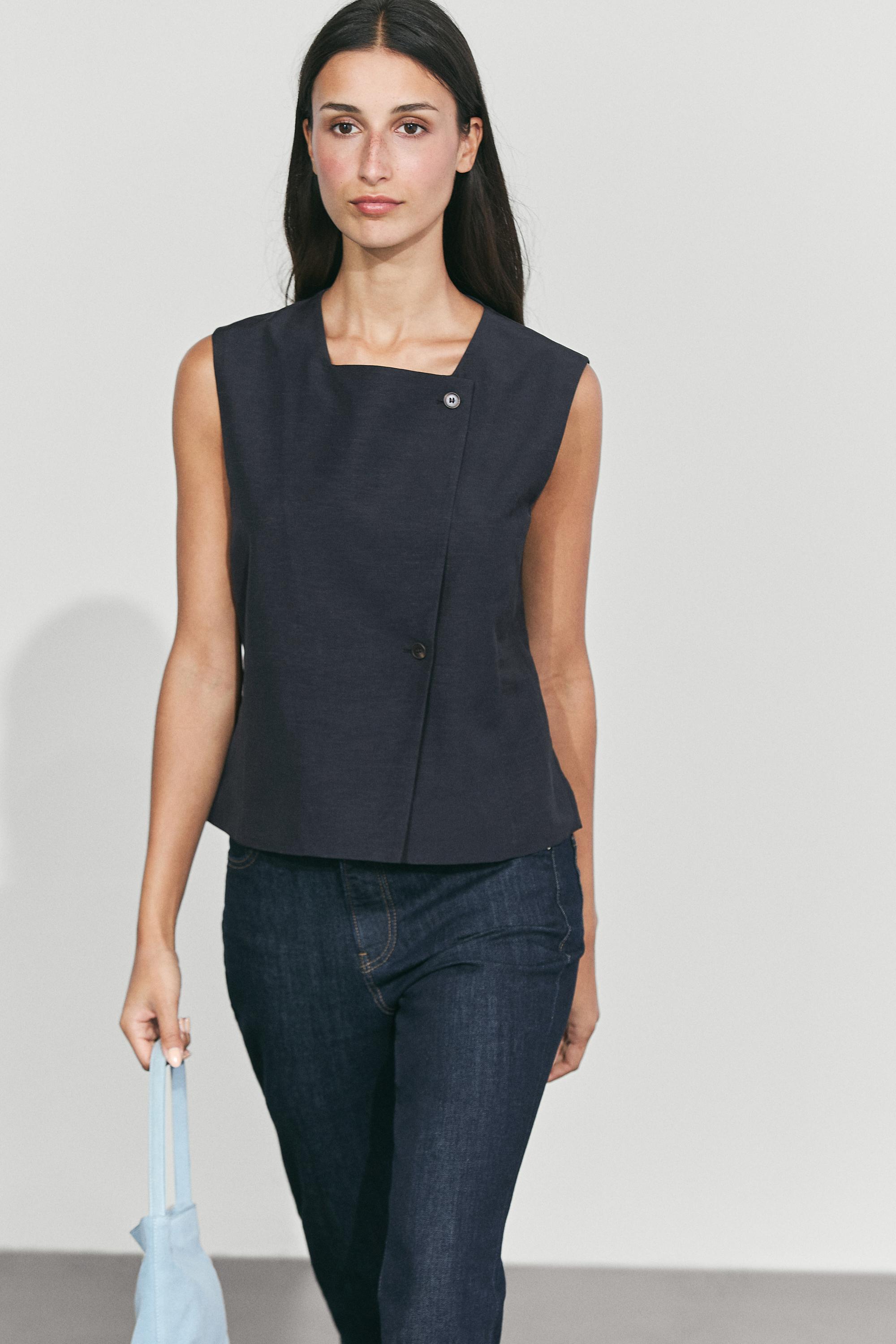 Linen blend asymmetric button-up vest