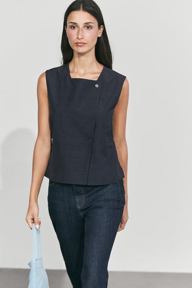 Linen blend asymmetric button-up vest — NAVY BLUE 3