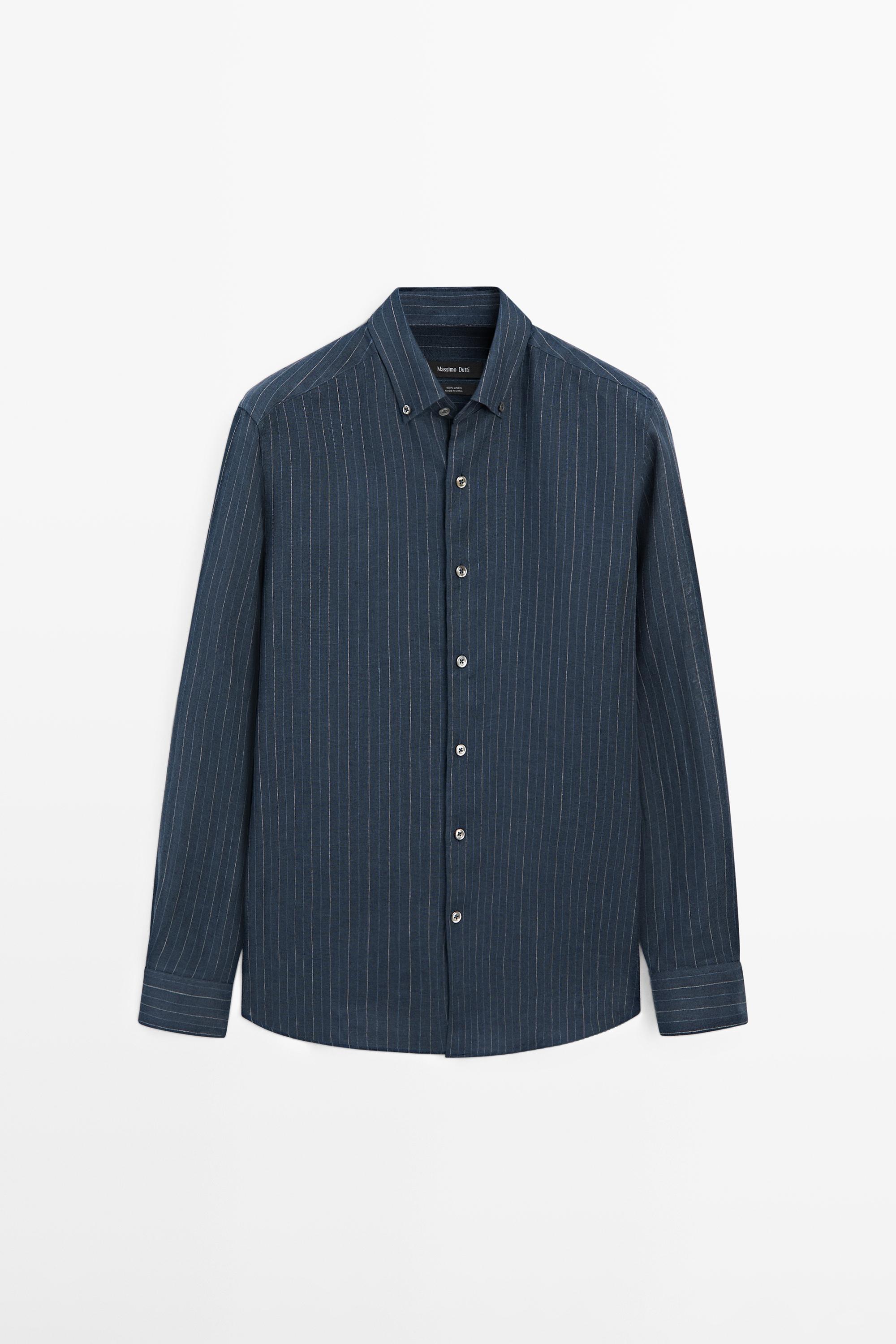 100% linen striped shirt with button-down collar