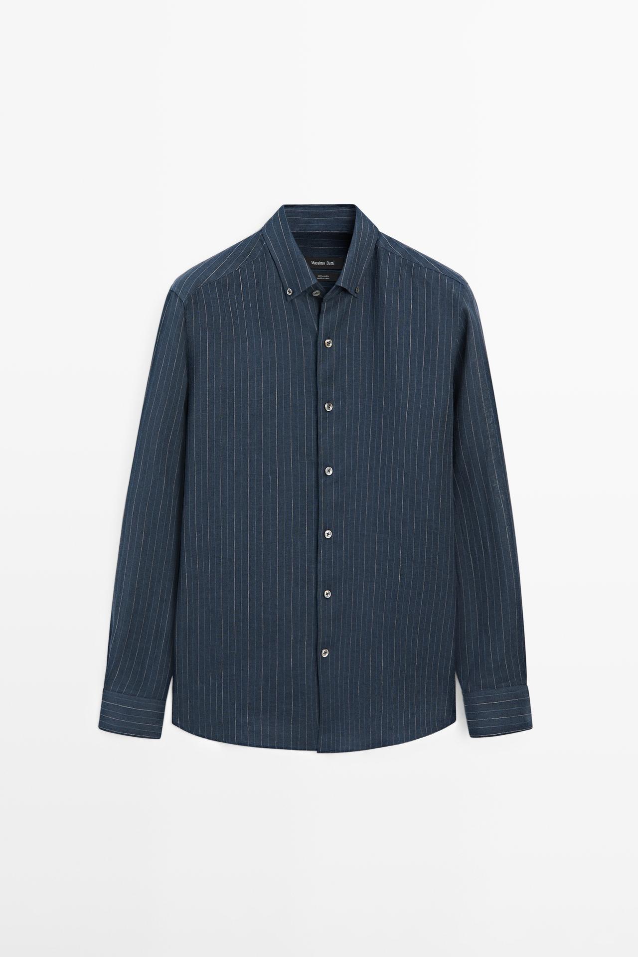 Massimo Dutti - Heren - 100% Linnen Blouse Met Strepen - Marineblauw - M