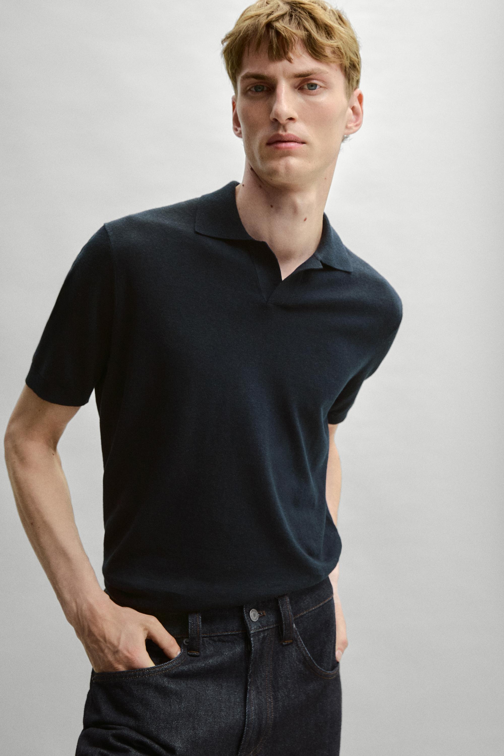 Cotton and linen knit polo sweater — NAVY BLUE