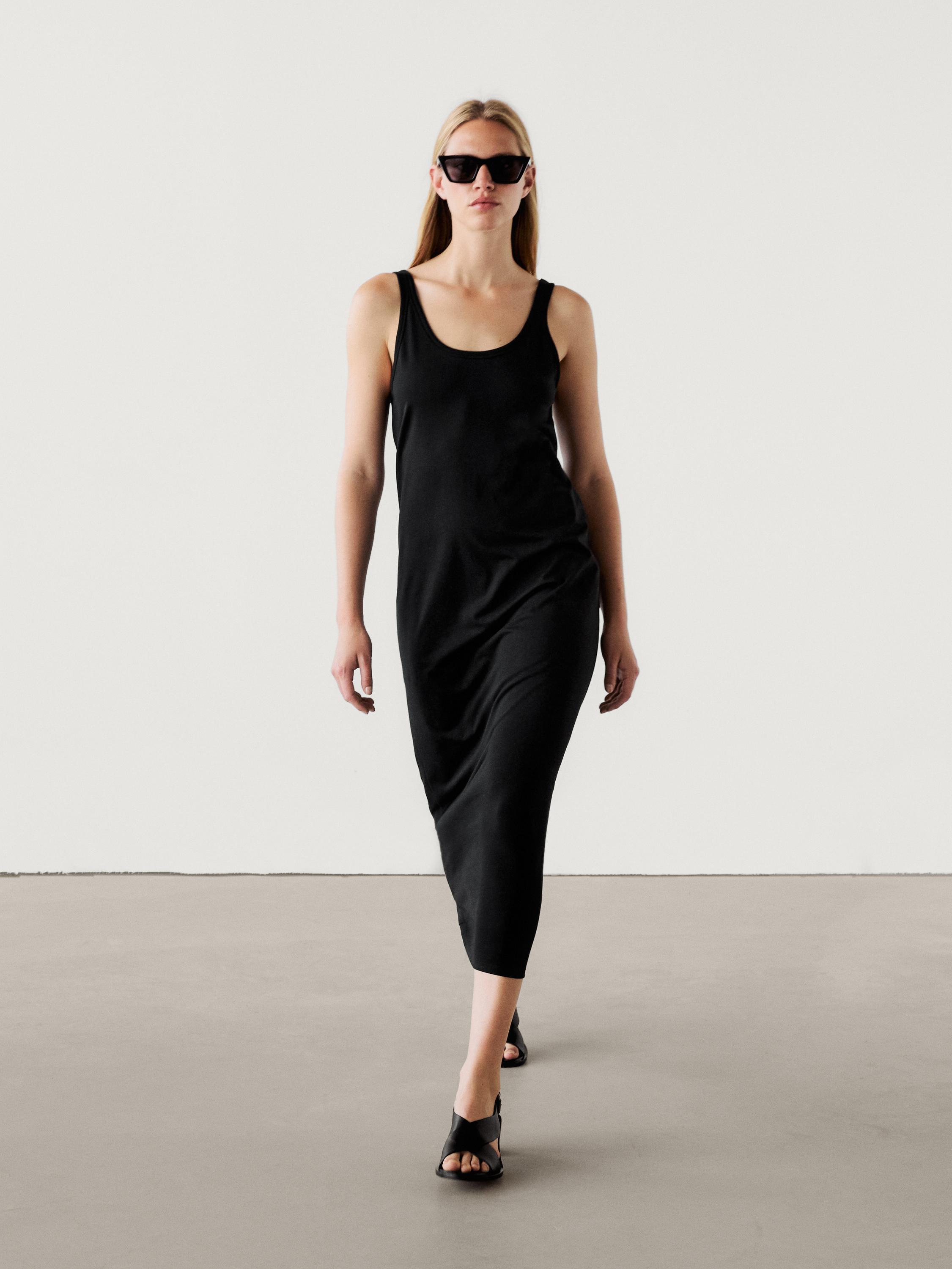 Strappy 100 cotton midi dress Black Smart Dresses And Jumpsuits Massimo Dutti